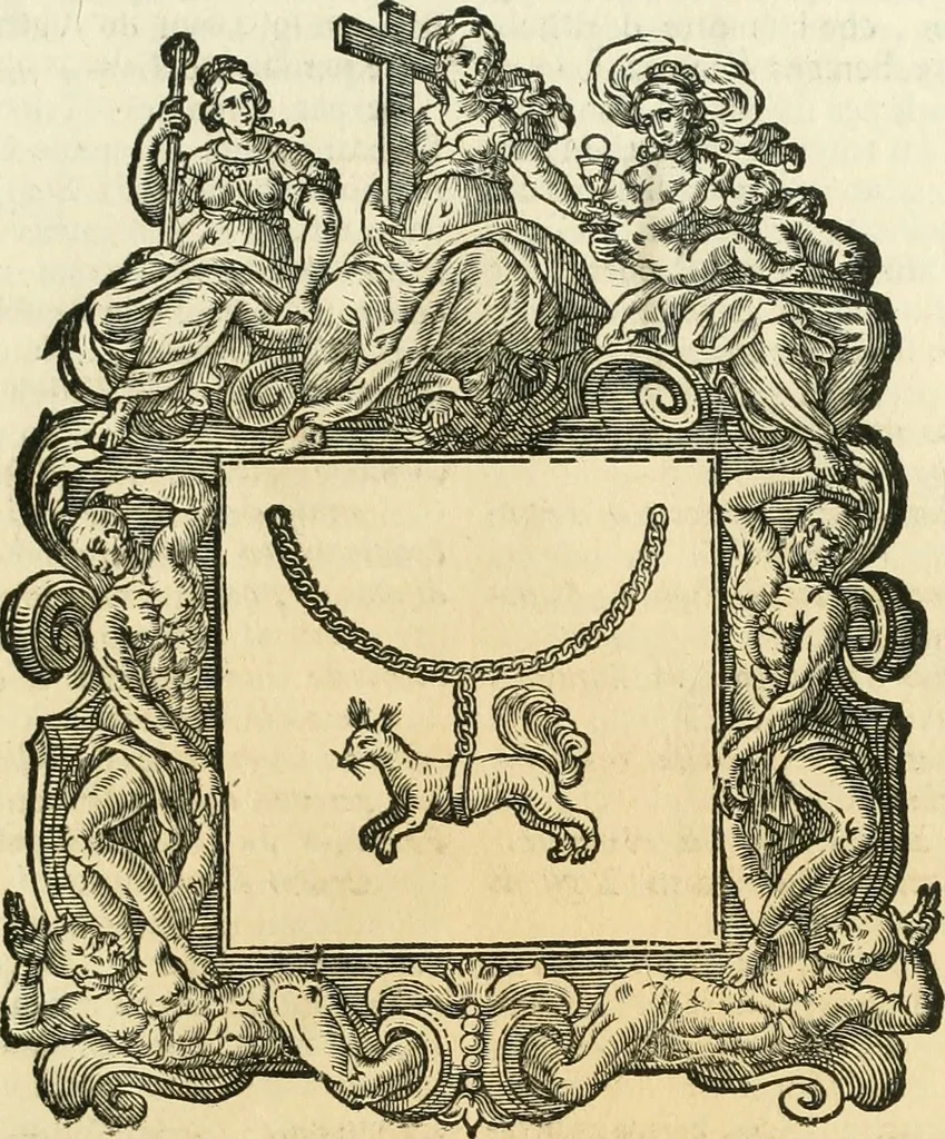 An illustration from Historie cronologiche dell' origine degl' ordini militari e di tutte le religione caualleresche infino ad hora instituite nel mondo : insegne, croci, stendardi, habiti capitolari ò di ceremonia, statuti, e constituzioni di cadaun'ordine : guerre campali e nauali, azioni, fatti celebri, & imprese de caualieri; confederazioni, trattati, paci, & auuenimenti per difesa del Nome Christiano, e propagazione della fede cattolica : serie di tutti i prencipi gran maestri, ordini di dame, e degl' infedeli &c. con le loro diuise, 1692, leaf 166