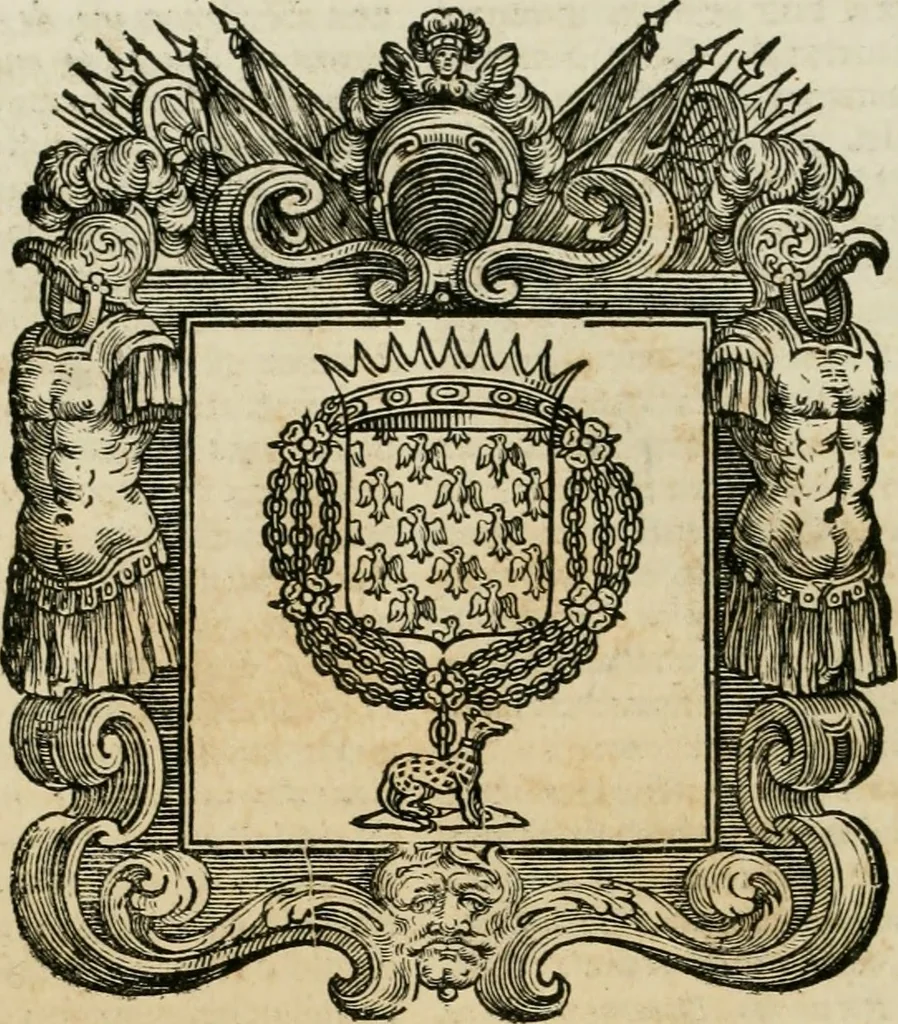 An illustration from Historie cronologiche dell' origine degl' ordini militari e di tutte le religione caualleresche infino ad hora instituite nel mondo : insegne, croci, stendardi, habiti capitolari ò di ceremonia, statuti, e constituzioni di cadaun'ordine : guerre campali e nauali, azioni, fatti celebri, & imprese de caualieri; confederazioni, trattati, paci, & auuenimenti per difesa del Nome Christiano, e propagazione della fede cattolica : serie di tutti i prencipi gran maestri, ordini di dame, e degl' infedeli &c. con le loro diuise, 1692, leaf 169