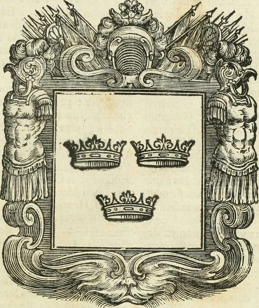 An illustration from Historie cronologiche dell' origine degl' ordini militari e di tutte le religione caualleresche infino ad hora instituite nel mondo : insegne, croci, stendardi, habiti capitolari ò di ceremonia, statuti, e constituzioni di cadaun'ordine : guerre campali e nauali, azioni, fatti celebri, & imprese de caualieri; confederazioni, trattati, paci, & auuenimenti per difesa del Nome Christiano, e propagazione della fede cattolica : serie di tutti i prencipi gran maestri, ordini di dame, e degl' infedeli &c. con le loro diuise, 1692, leaf 186