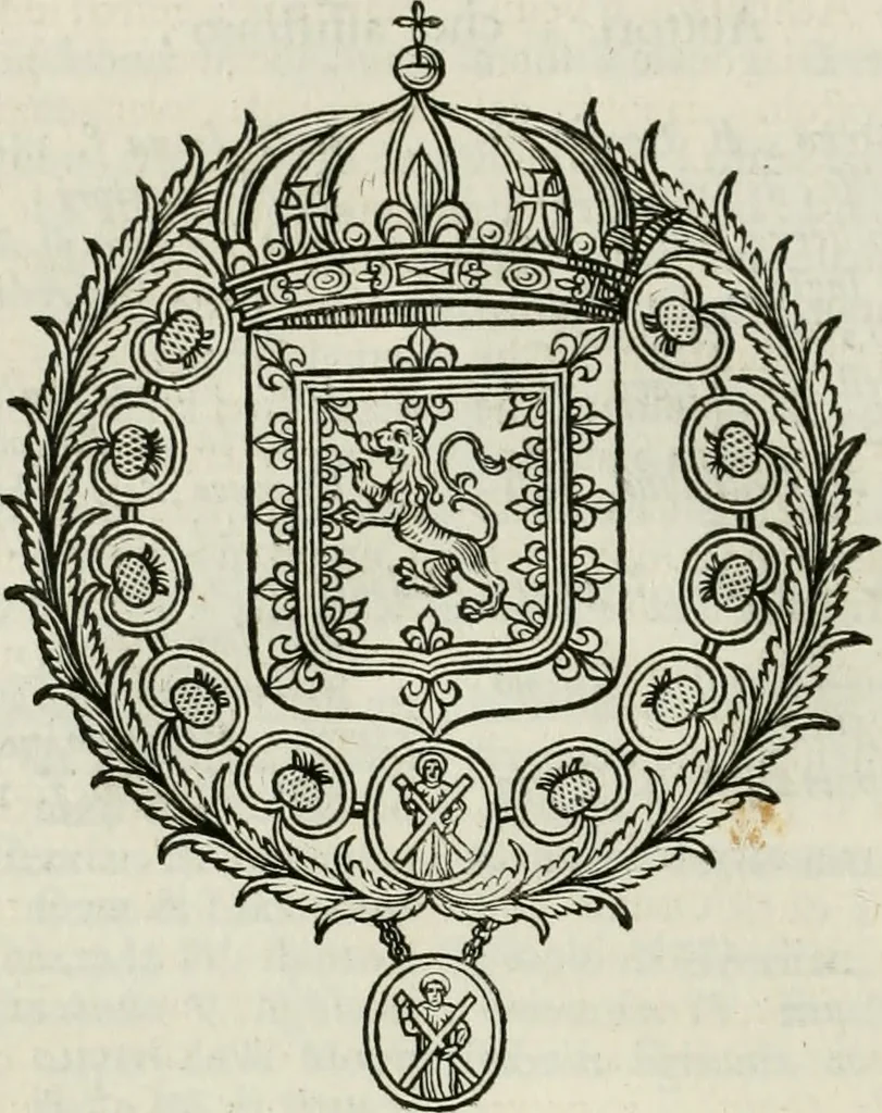 An illustration from Historie cronologiche dell' origine degl' ordini militari e di tutte le religione caualleresche infino ad hora instituite nel mondo : insegne, croci, stendardi, habiti capitolari ò di ceremonia, statuti, e constituzioni di cadaun'ordine : guerre campali e nauali, azioni, fatti celebri, & imprese de caualieri; confederazioni, trattati, paci, & auuenimenti per difesa del Nome Christiano, e propagazione della fede cattolica : serie di tutti i prencipi gran maestri, ordini di dame, e degl' infedeli &c. con le loro diuise, 1692, leaf 191