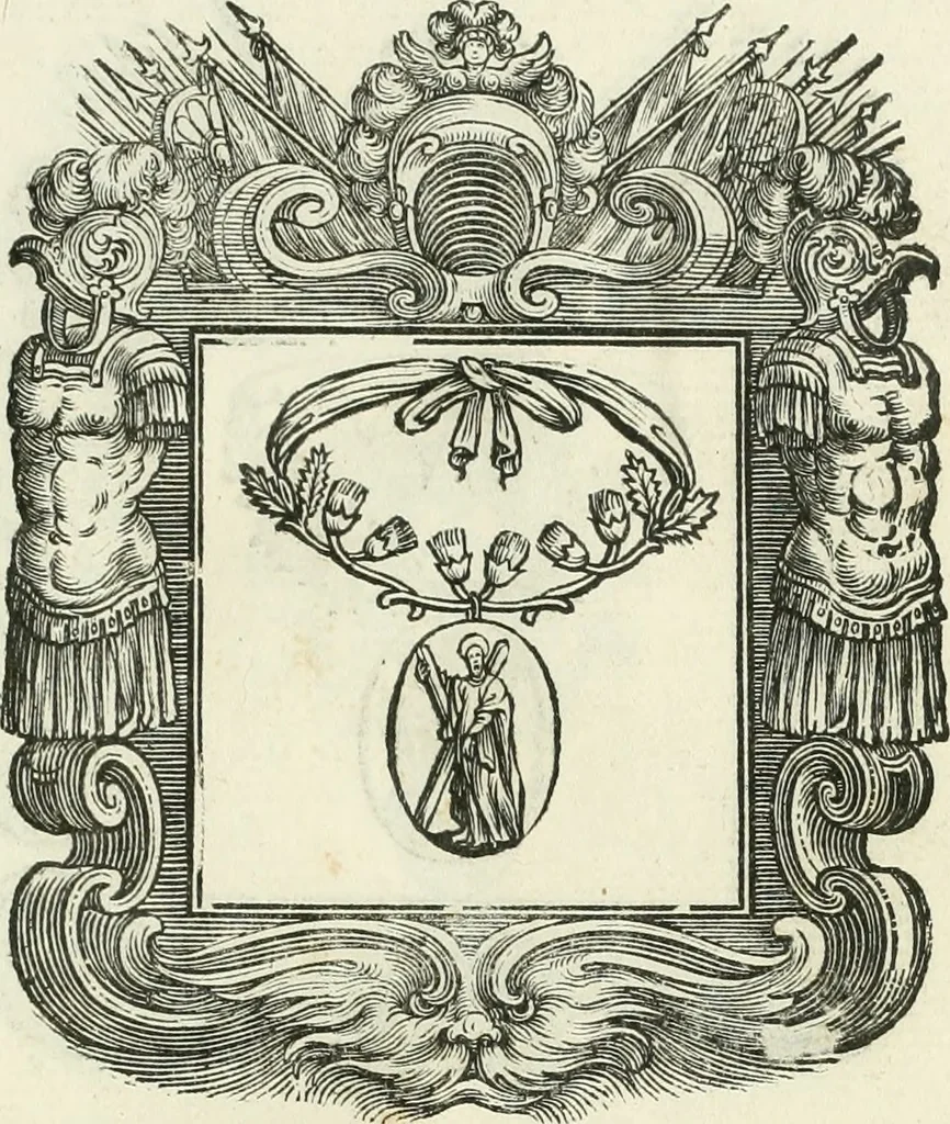 An illustration from Historie cronologiche dell' origine degl' ordini militari e di tutte le religione caualleresche infino ad hora instituite nel mondo : insegne, croci, stendardi, habiti capitolari ò di ceremonia, statuti, e constituzioni di cadaun'ordine : guerre campali e nauali, azioni, fatti celebri, & imprese de caualieri; confederazioni, trattati, paci, & auuenimenti per difesa del Nome Christiano, e propagazione della fede cattolica : serie di tutti i prencipi gran maestri, ordini di dame, e degl' infedeli &c. con le loro diuise, 1692, leaf 194