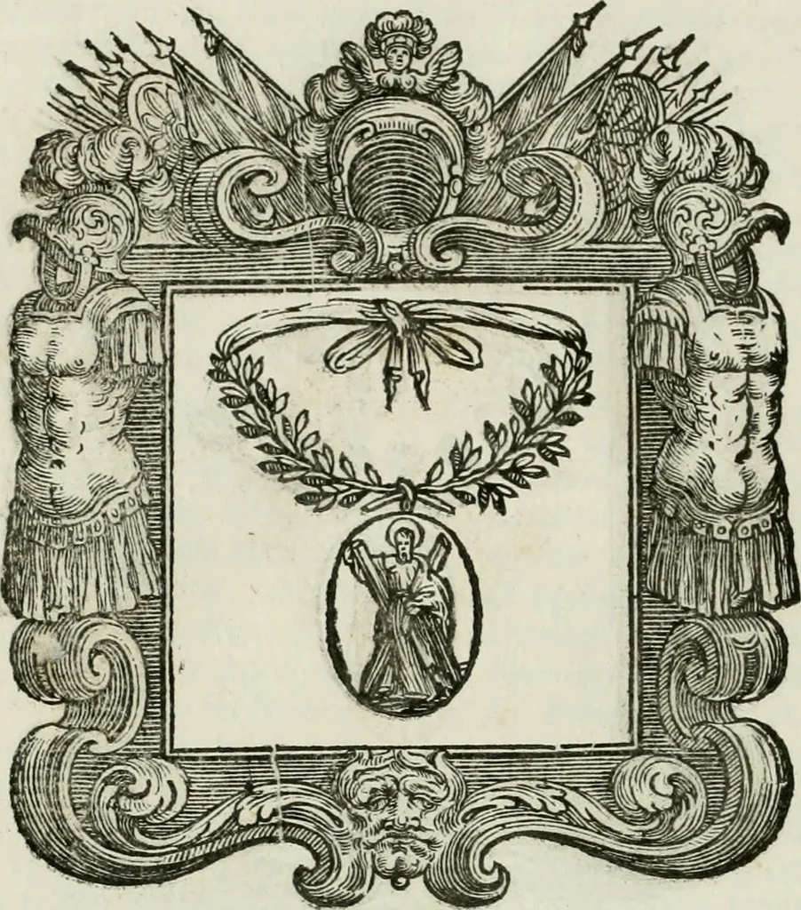 An illustration from Historie cronologiche dell' origine degl' ordini militari e di tutte le religione caualleresche infino ad hora instituite nel mondo : insegne, croci, stendardi, habiti capitolari ò di ceremonia, statuti, e constituzioni di cadaun'ordine : guerre campali e nauali, azioni, fatti celebri, & imprese de caualieri; confederazioni, trattati, paci, & auuenimenti per difesa del Nome Christiano, e propagazione della fede cattolica : serie di tutti i prencipi gran maestri, ordini di dame, e degl' infedeli &c. con le loro diuise, 1692, leaf 195