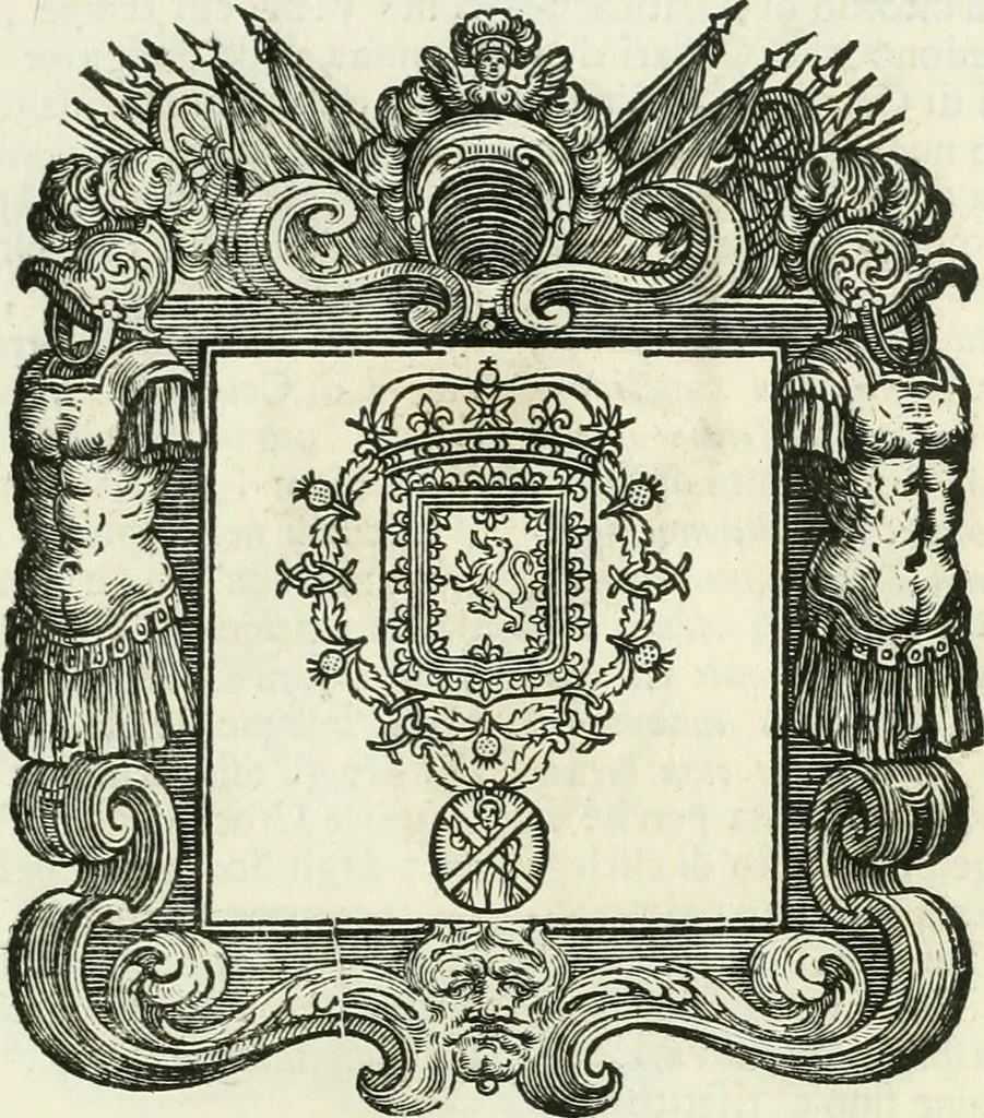 An illustration from Historie cronologiche dell' origine degl' ordini militari e di tutte le religione caualleresche infino ad hora instituite nel mondo : insegne, croci, stendardi, habiti capitolari ò di ceremonia, statuti, e constituzioni di cadaun'ordine : guerre campali e nauali, azioni, fatti celebri, & imprese de caualieri; confederazioni, trattati, paci, & auuenimenti per difesa del Nome Christiano, e propagazione della fede cattolica : serie di tutti i prencipi gran maestri, ordini di dame, e degl' infedeli &c. con le loro diuise, 1692, leaf 196