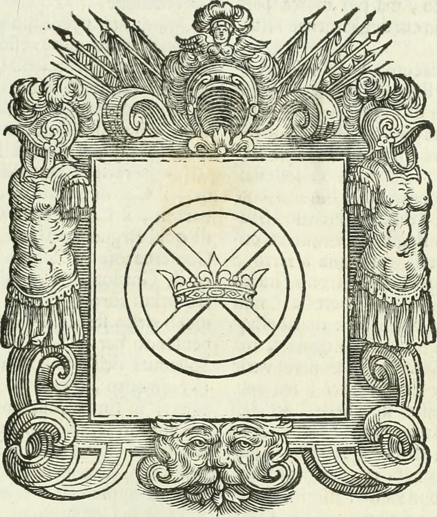 An illustration from Historie cronologiche dell' origine degl' ordini militari e di tutte le religione caualleresche infino ad hora instituite nel mondo : insegne, croci, stendardi, habiti capitolari ò di ceremonia, statuti, e constituzioni di cadaun'ordine : guerre campali e nauali, azioni, fatti celebri, & imprese de caualieri; confederazioni, trattati, paci, & auuenimenti per difesa del Nome Christiano, e propagazione della fede cattolica : serie di tutti i prencipi gran maestri, ordini di dame, e degl' infedeli &c. con le loro diuise, 1692, leaf 198