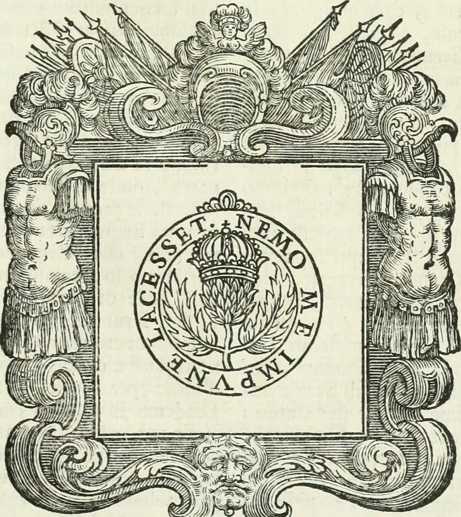 An illustration from Historie cronologiche dell' origine degl' ordini militari e di tutte le religione caualleresche infino ad hora instituite nel mondo : insegne, croci, stendardi, habiti capitolari ò di ceremonia, statuti, e constituzioni di cadaun'ordine : guerre campali e nauali, azioni, fatti celebri, & imprese de caualieri; confederazioni, trattati, paci, & auuenimenti per difesa del Nome Christiano, e propagazione della fede cattolica : serie di tutti i prencipi gran maestri, ordini di dame, e degl' infedeli &c. con le loro diuise, 1692, leaf 198
