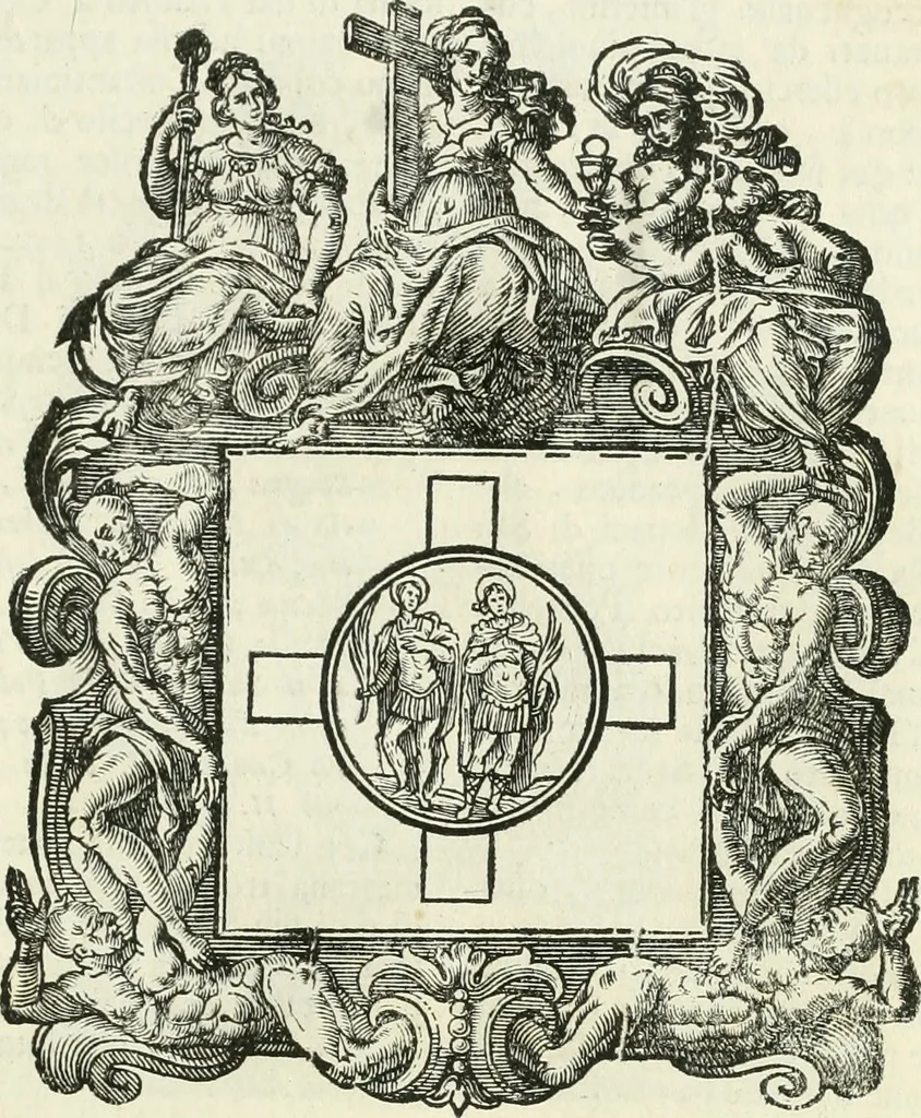 An illustration from Historie cronologiche dell' origine degl' ordini militari e di tutte le religione caualleresche infino ad hora instituite nel mondo : insegne, croci, stendardi, habiti capitolari ò di ceremonia, statuti, e constituzioni di cadaun'ordine : guerre campali e nauali, azioni, fatti celebri, & imprese de caualieri; confederazioni, trattati, paci, & auuenimenti per difesa del Nome Christiano, e propagazione della fede cattolica : serie di tutti i prencipi gran maestri, ordini di dame, e degl' infedeli &c. con le loro diuise, 1692, leaf 202
