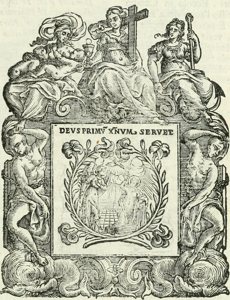 An illustration from Historie cronologiche dell' origine degl' ordini militari e di tutte le religione caualleresche infino ad hora instituite nel mondo : insegne, croci, stendardi, habiti capitolari ò di ceremonia, statuti, e constituzioni di cadaun'ordine : guerre campali e nauali, azioni, fatti celebri, & imprese de caualieri; confederazioni, trattati, paci, & auuenimenti per difesa del Nome Christiano, e propagazione della fede cattolica : serie di tutti i prencipi gran maestri, ordini di dame, e degl' infedeli &c. con le loro diuise, 1692, leaf 204