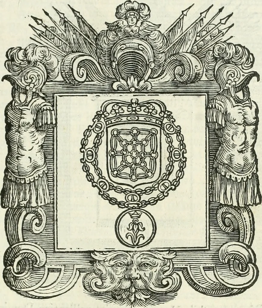 An illustration from Historie cronologiche dell' origine degl' ordini militari e di tutte le religione caualleresche infino ad hora instituite nel mondo : insegne, croci, stendardi, habiti capitolari ò di ceremonia, statuti, e constituzioni di cadaun'ordine : guerre campali e nauali, azioni, fatti celebri, & imprese de caualieri; confederazioni, trattati, paci, & auuenimenti per difesa del Nome Christiano, e propagazione della fede cattolica : serie di tutti i prencipi gran maestri, ordini di dame, e degl' infedeli &c. con le loro diuise, 1692, leaf 206