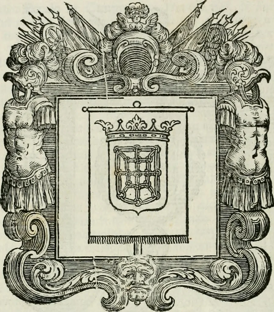 An illustration from Historie cronologiche dell' origine degl' ordini militari e di tutte le religione caualleresche infino ad hora instituite nel mondo : insegne, croci, stendardi, habiti capitolari ò di ceremonia, statuti, e constituzioni di cadaun'ordine : guerre campali e nauali, azioni, fatti celebri, & imprese de caualieri; confederazioni, trattati, paci, & auuenimenti per difesa del Nome Christiano, e propagazione della fede cattolica : serie di tutti i prencipi gran maestri, ordini di dame, e degl' infedeli &c. con le loro diuise, 1692, leaf 207