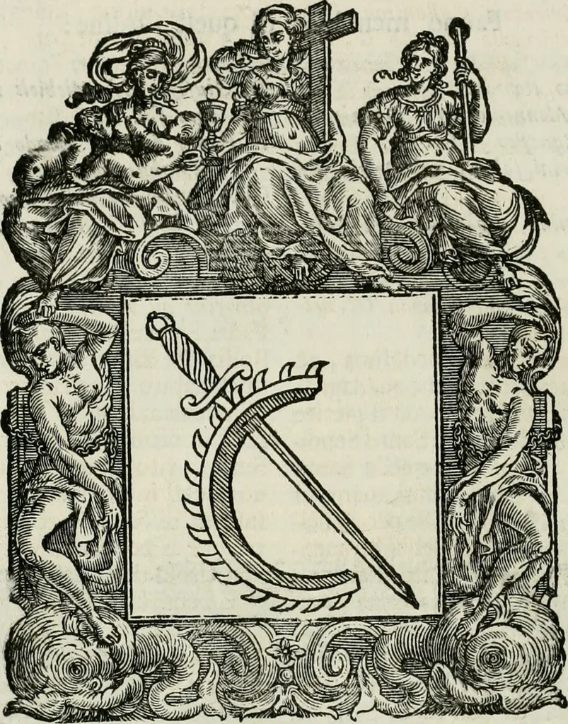 An illustration from Historie cronologiche dell' origine degl' ordini militari e di tutte le religione caualleresche infino ad hora instituite nel mondo : insegne, croci, stendardi, habiti capitolari ò di ceremonia, statuti, e constituzioni di cadaun'ordine : guerre campali e nauali, azioni, fatti celebri, & imprese de caualieri; confederazioni, trattati, paci, & auuenimenti per difesa del Nome Christiano, e propagazione della fede cattolica : serie di tutti i prencipi gran maestri, ordini di dame, e degl' infedeli &c. con le loro diuise, 1692, leaf 213