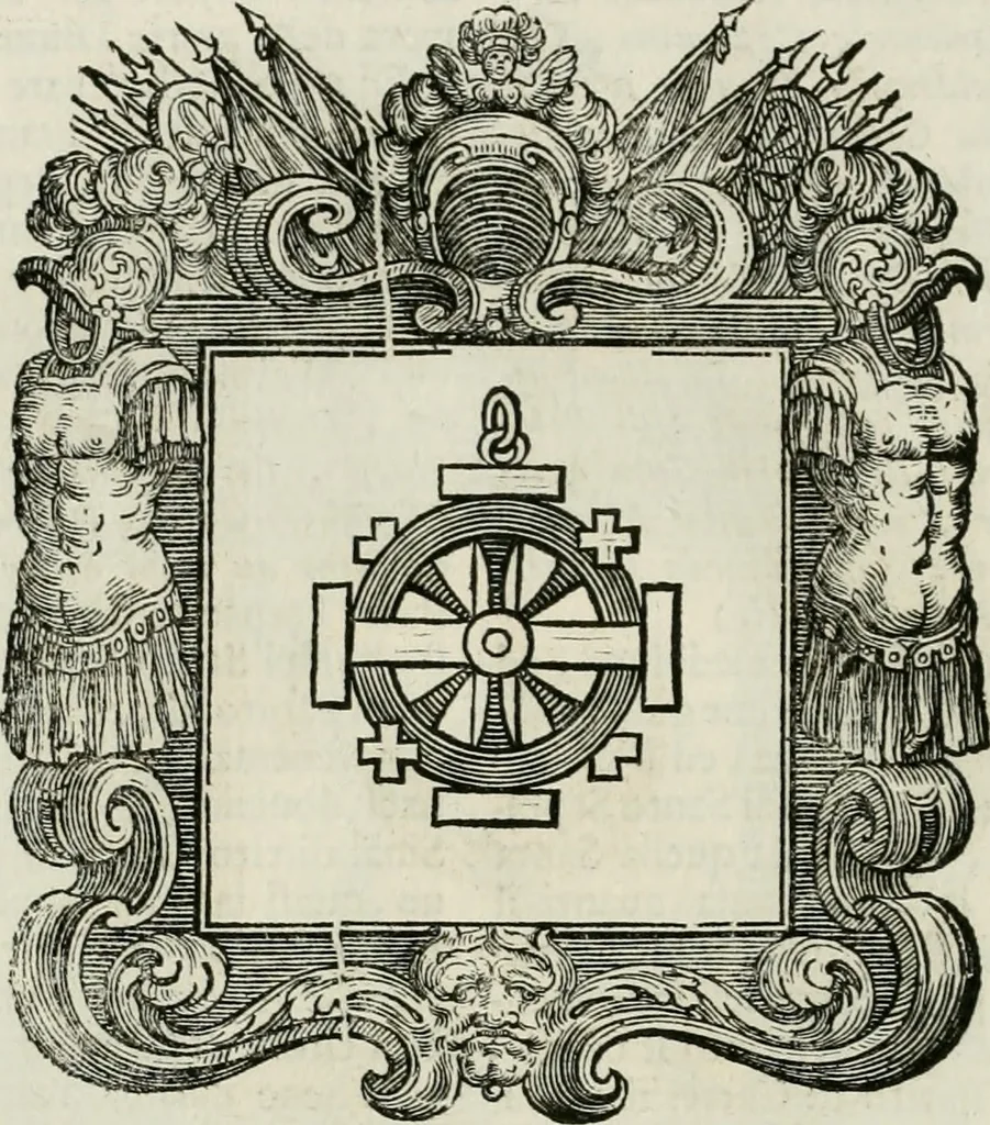 An illustration from Historie cronologiche dell' origine degl' ordini militari e di tutte le religione caualleresche infino ad hora instituite nel mondo : insegne, croci, stendardi, habiti capitolari ò di ceremonia, statuti, e constituzioni di cadaun'ordine : guerre campali e nauali, azioni, fatti celebri, & imprese de caualieri; confederazioni, trattati, paci, & auuenimenti per difesa del Nome Christiano, e propagazione della fede cattolica : serie di tutti i prencipi gran maestri, ordini di dame, e degl' infedeli &c. con le loro diuise, 1692, leaf 215