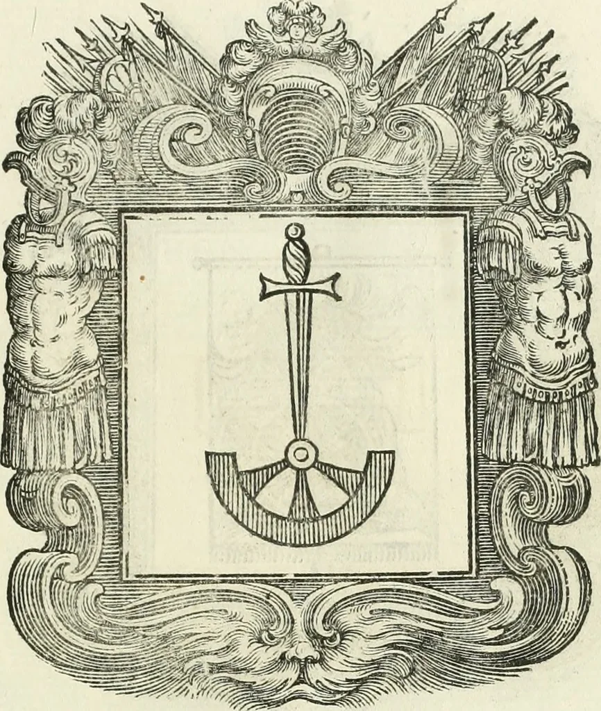 An illustration from Historie cronologiche dell' origine degl' ordini militari e di tutte le religione caualleresche infino ad hora instituite nel mondo : insegne, croci, stendardi, habiti capitolari ò di ceremonia, statuti, e constituzioni di cadaun'ordine : guerre campali e nauali, azioni, fatti celebri, & imprese de caualieri; confederazioni, trattati, paci, & auuenimenti per difesa del Nome Christiano, e propagazione della fede cattolica : serie di tutti i prencipi gran maestri, ordini di dame, e degl' infedeli &c. con le loro diuise, 1692, leaf 216