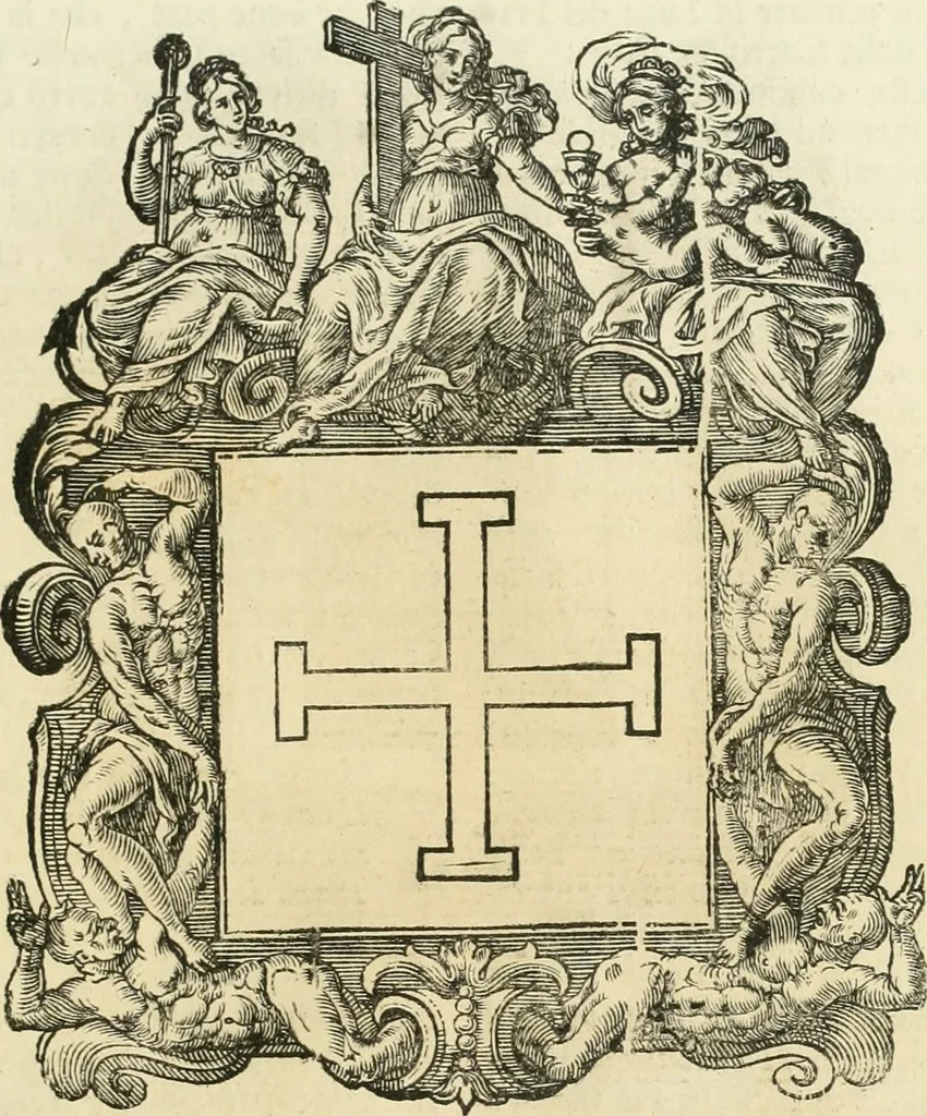 An illustration from Historie cronologiche dell' origine degl' ordini militari e di tutte le religione caualleresche infino ad hora instituite nel mondo : insegne, croci, stendardi, habiti capitolari ò di ceremonia, statuti, e constituzioni di cadaun'ordine : guerre campali e nauali, azioni, fatti celebri, & imprese de caualieri; confederazioni, trattati, paci, & auuenimenti per difesa del Nome Christiano, e propagazione della fede cattolica : serie di tutti i prencipi gran maestri, ordini di dame, e degl' infedeli &c. con le loro diuise, 1692, leaf 218
