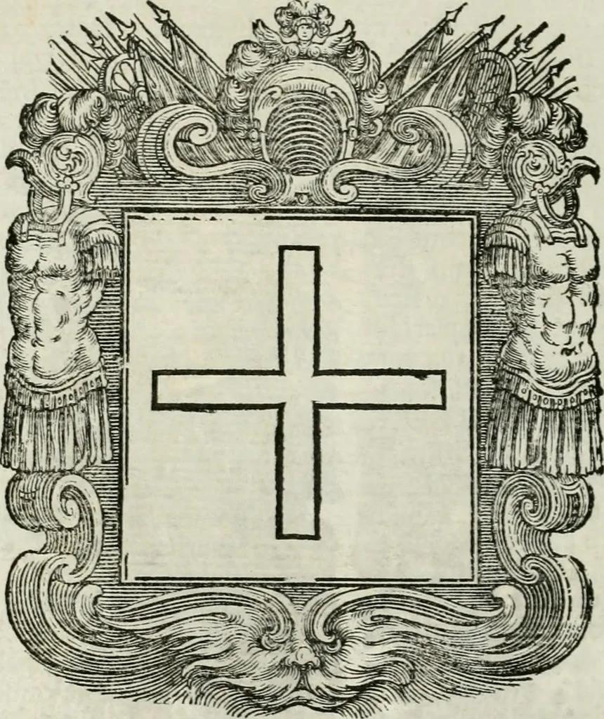 An illustration from Historie cronologiche dell' origine degl' ordini militari e di tutte le religione caualleresche infino ad hora instituite nel mondo : insegne, croci, stendardi, habiti capitolari ò di ceremonia, statuti, e constituzioni di cadaun'ordine : guerre campali e nauali, azioni, fatti celebri, & imprese de caualieri; confederazioni, trattati, paci, & auuenimenti per difesa del Nome Christiano, e propagazione della fede cattolica : serie di tutti i prencipi gran maestri, ordini di dame, e degl' infedeli &c. con le loro diuise, 1692, leaf 235