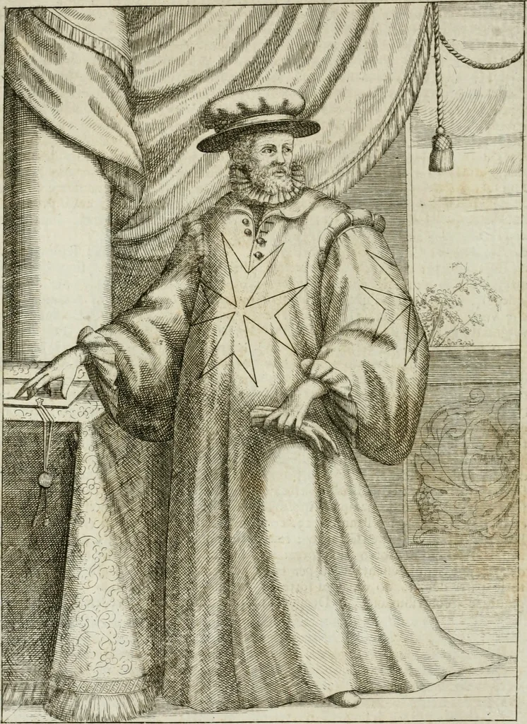 An illustration from Historie cronologiche dell' origine degl' ordini militari e di tutte le religione caualleresche infino ad hora instituite nel mondo : insegne, croci, stendardi, habiti capitolari ò di ceremonia, statuti, e constituzioni di cadaun'ordine : guerre campali e nauali, azioni, fatti celebri, & imprese de caualieri; confederazioni, trattati, paci, & auuenimenti per difesa del Nome Christiano, e propagazione della fede cattolica : serie di tutti i prencipi gran maestri, ordini di dame, e degl' infedeli &c. con le loro diuise, 1692, leaf 237