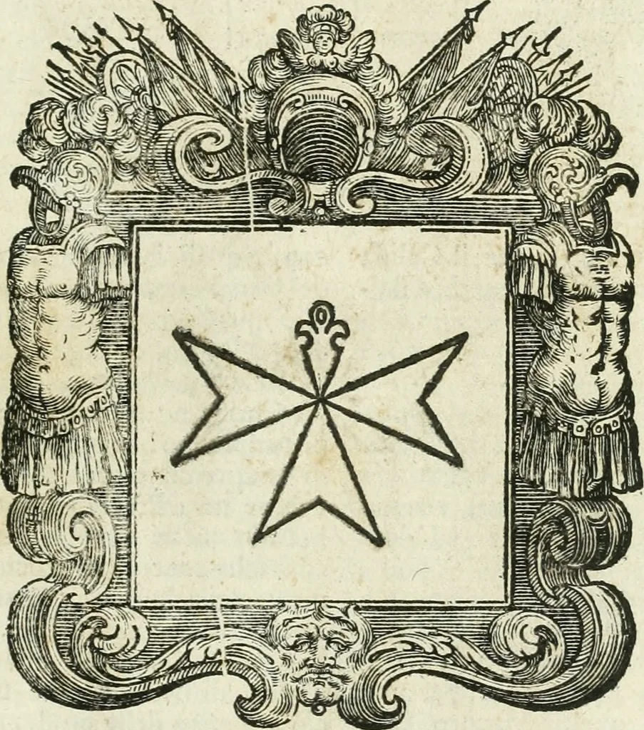 An illustration from Historie cronologiche dell' origine degl' ordini militari e di tutte le religione caualleresche infino ad hora instituite nel mondo : insegne, croci, stendardi, habiti capitolari ò di ceremonia, statuti, e constituzioni di cadaun'ordine : guerre campali e nauali, azioni, fatti celebri, & imprese de caualieri; confederazioni, trattati, paci, & auuenimenti per difesa del Nome Christiano, e propagazione della fede cattolica : serie di tutti i prencipi gran maestri, ordini di dame, e degl' infedeli &c. con le loro diuise, 1692, leaf 238