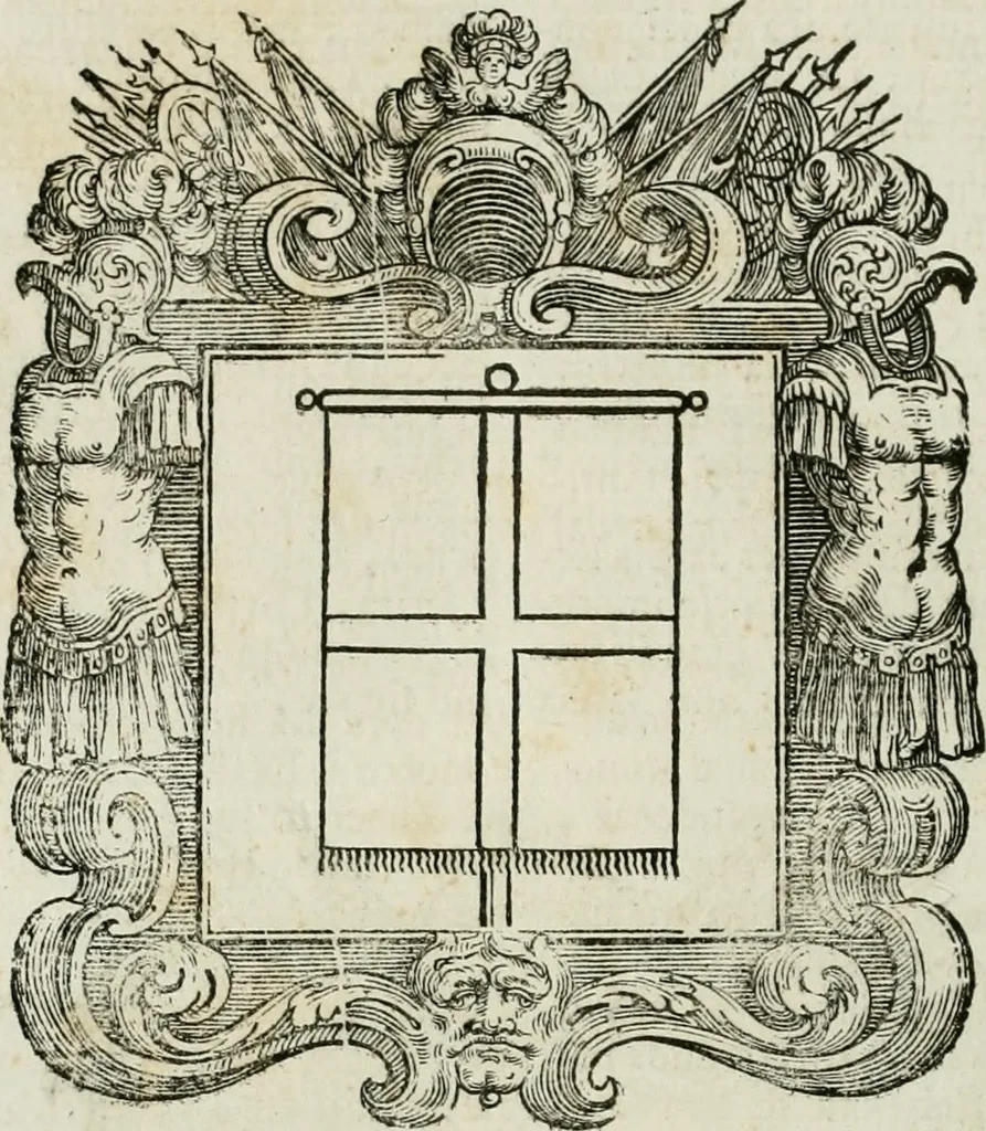 An illustration from Historie cronologiche dell' origine degl' ordini militari e di tutte le religione caualleresche infino ad hora instituite nel mondo : insegne, croci, stendardi, habiti capitolari ò di ceremonia, statuti, e constituzioni di cadaun'ordine : guerre campali e nauali, azioni, fatti celebri, & imprese de caualieri; confederazioni, trattati, paci, & auuenimenti per difesa del Nome Christiano, e propagazione della fede cattolica : serie di tutti i prencipi gran maestri, ordini di dame, e degl' infedeli &c. con le loro diuise, 1692, leaf 239