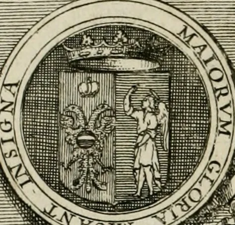 An illustration from Historie cronologiche dell' origine degl' ordini militari e di tutte le religione caualleresche infino ad hora instituite nel mondo : insegne, croci, stendardi, habiti capitolari ò di ceremonia, statuti, e constituzioni di cadaun'ordine : guerre campali e nauali, azioni, fatti celebri, & imprese de caualieri; confederazioni, trattati, paci, & auuenimenti per difesa del Nome Christiano, e propagazione della fede cattolica : serie di tutti i prencipi gran maestri, ordini di dame, e degl' infedeli &c. con le loro diuise, 1692, leaf 25