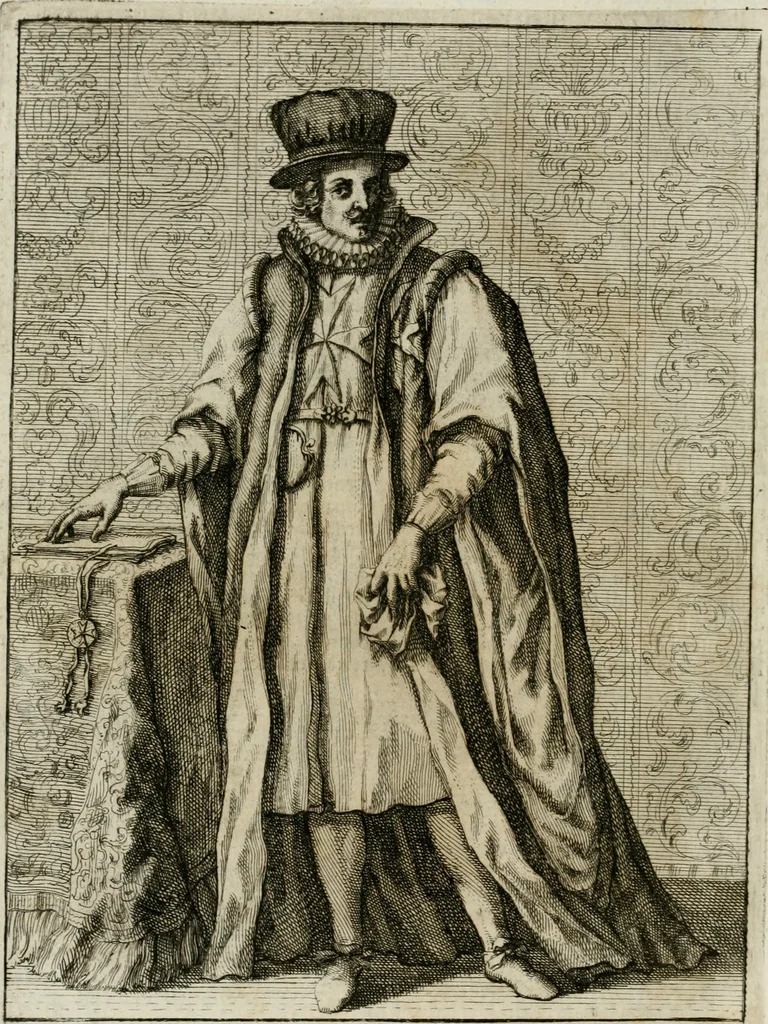 An illustration from Historie cronologiche dell' origine degl' ordini militari e di tutte le religione caualleresche infino ad hora instituite nel mondo : insegne, croci, stendardi, habiti capitolari ò di ceremonia, statuti, e constituzioni di cadaun'ordine : guerre campali e nauali, azioni, fatti celebri, & imprese de caualieri; confederazioni, trattati, paci, & auuenimenti per difesa del Nome Christiano, e propagazione della fede cattolica : serie di tutti i prencipi gran maestri, ordini di dame, e degl' infedeli &c. con le loro diuise, 1692, leaf 289