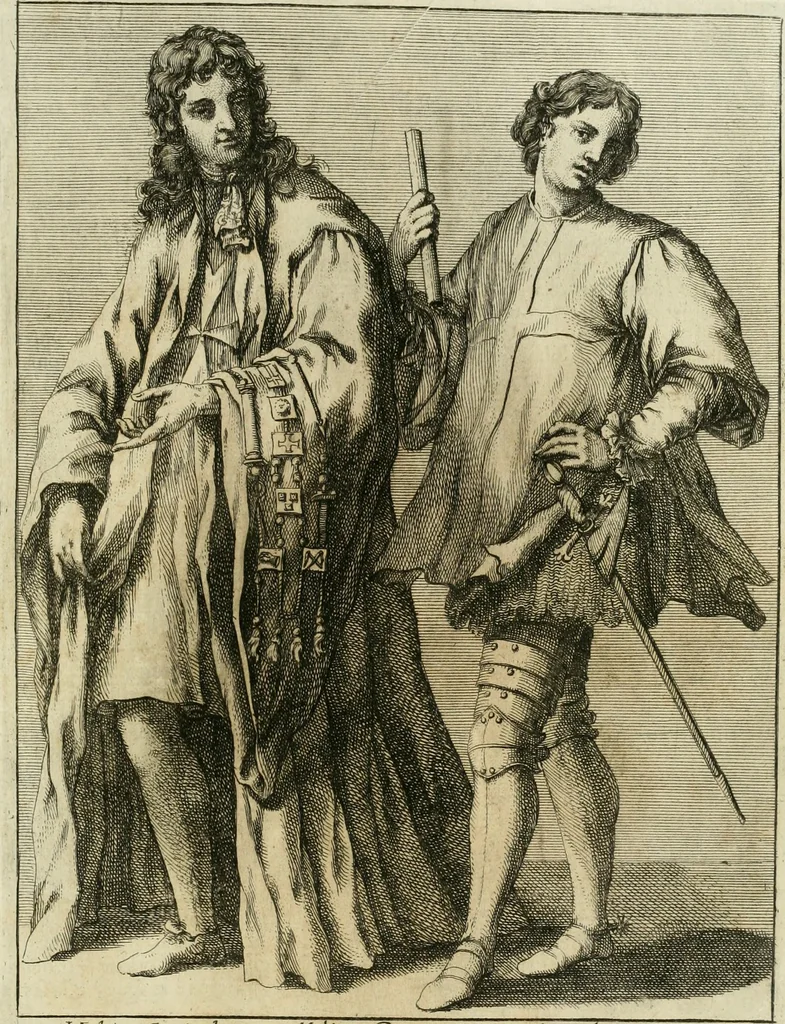 An illustration from Historie cronologiche dell' origine degl' ordini militari e di tutte le religione caualleresche infino ad hora instituite nel mondo : insegne, croci, stendardi, habiti capitolari ò di ceremonia, statuti, e constituzioni di cadaun'ordine : guerre campali e nauali, azioni, fatti celebri, & imprese de caualieri; confederazioni, trattati, paci, & auuenimenti per difesa del Nome Christiano, e propagazione della fede cattolica : serie di tutti i prencipi gran maestri, ordini di dame, e degl' infedeli &c. con le loro diuise, 1692, leaf 290