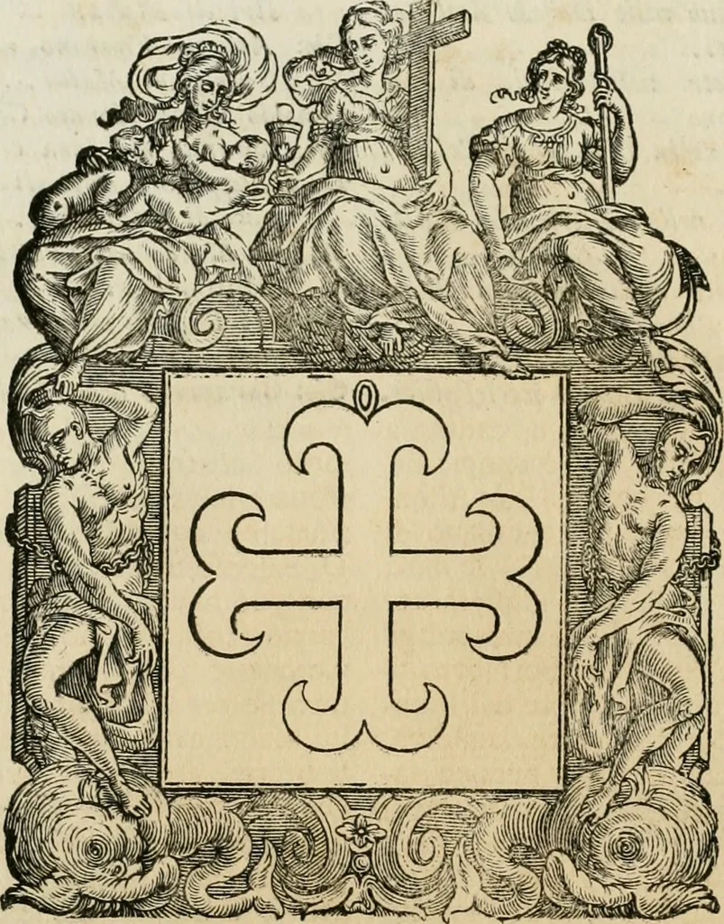 An illustration from Historie cronologiche dell' origine degl' ordini militari e di tutte le religione caualleresche infino ad hora instituite nel mondo : insegne, croci, stendardi, habiti capitolari ò di ceremonia, statuti, e constituzioni di cadaun'ordine : guerre campali e nauali, azioni, fatti celebri, & imprese de caualieri; confederazioni, trattati, paci, & auuenimenti per difesa del Nome Christiano, e propagazione della fede cattolica : serie di tutti i prencipi gran maestri, ordini di dame, e degl' infedeli &c. con le loro diuise, 1692, leaf 325