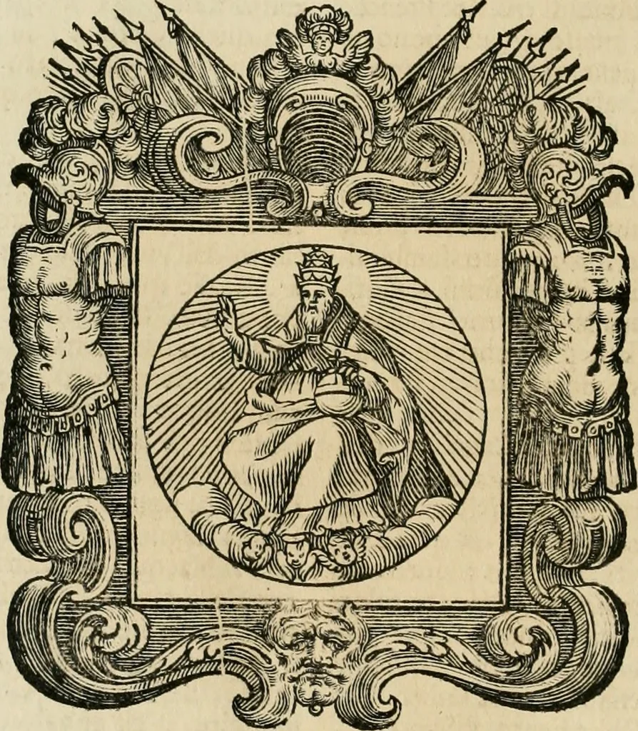 An illustration from Historie cronologiche dell' origine degl' ordini militari e di tutte le religione caualleresche infino ad hora instituite nel mondo : insegne, croci, stendardi, habiti capitolari ò di ceremonia, statuti, e constituzioni di cadaun'ordine : guerre campali e nauali, azioni, fatti celebri, & imprese de caualieri; confederazioni, trattati, paci, & auuenimenti per difesa del Nome Christiano, e propagazione della fede cattolica : serie di tutti i prencipi gran maestri, ordini di dame, e degl' infedeli &c. con le loro diuise, 1692, leaf 327