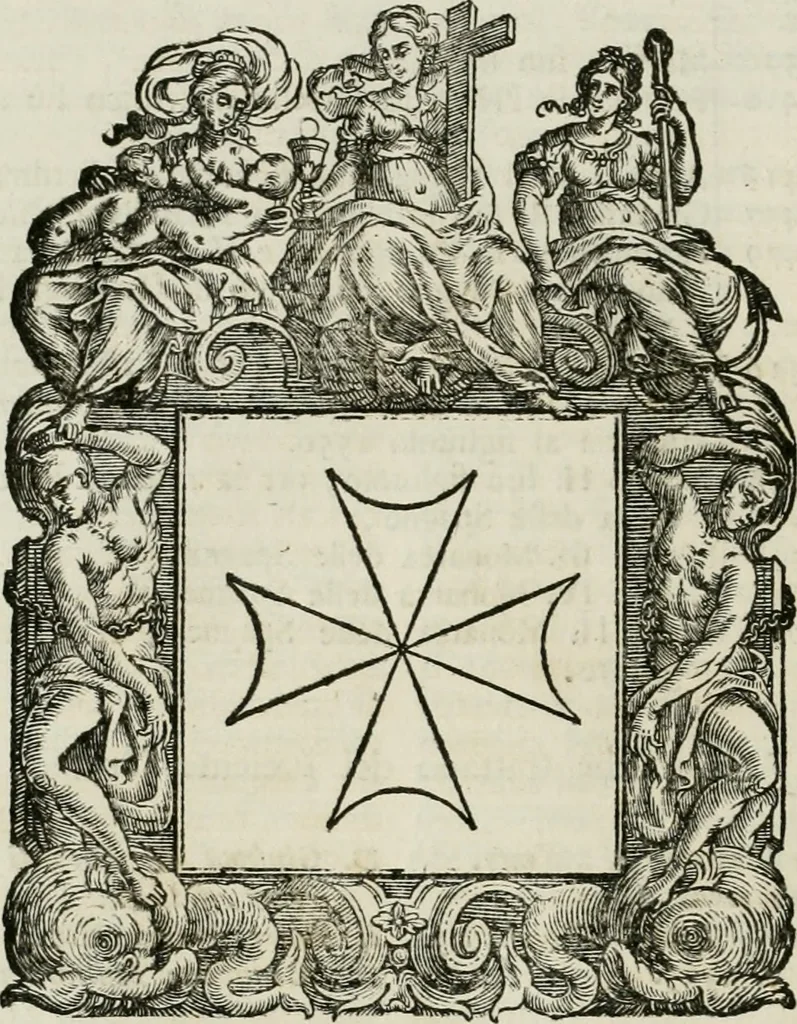 An illustration from Historie cronologiche dell' origine degl' ordini militari e di tutte le religione caualleresche infino ad hora instituite nel mondo : insegne, croci, stendardi, habiti capitolari ò di ceremonia, statuti, e constituzioni di cadaun'ordine : guerre campali e nauali, azioni, fatti celebri, & imprese de caualieri; confederazioni, trattati, paci, & auuenimenti per difesa del Nome Christiano, e propagazione della fede cattolica : serie di tutti i prencipi gran maestri, ordini di dame, e degl' infedeli &c. con le loro diuise, 1692, leaf 331