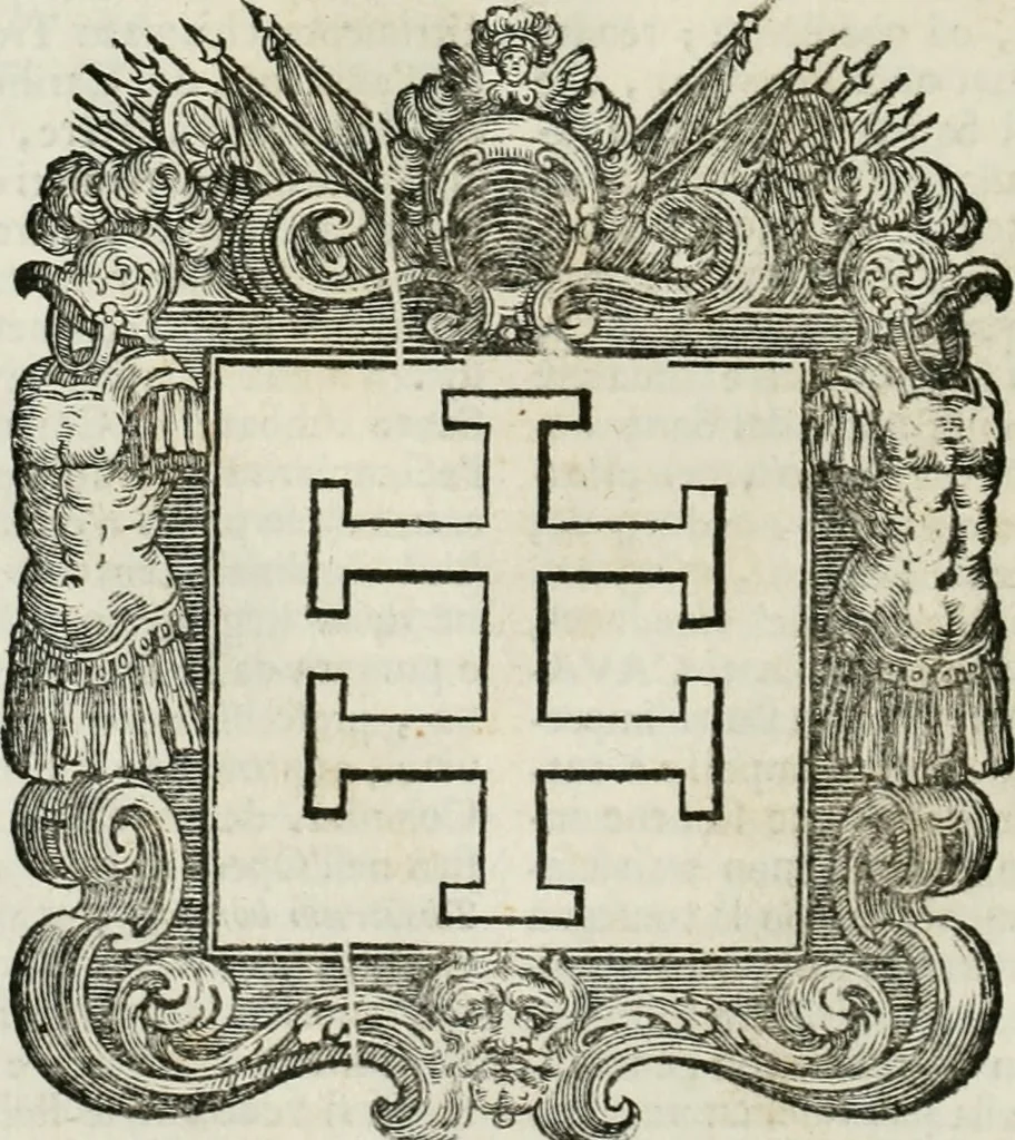 An illustration from Historie cronologiche dell' origine degl' ordini militari e di tutte le religione caualleresche infino ad hora instituite nel mondo : insegne, croci, stendardi, habiti capitolari ò di ceremonia, statuti, e constituzioni di cadaun'ordine : guerre campali e nauali, azioni, fatti celebri, & imprese de caualieri; confederazioni, trattati, paci, & auuenimenti per difesa del Nome Christiano, e propagazione della fede cattolica : serie di tutti i prencipi gran maestri, ordini di dame, e degl' infedeli &c. con le loro diuise, 1692, leaf 333