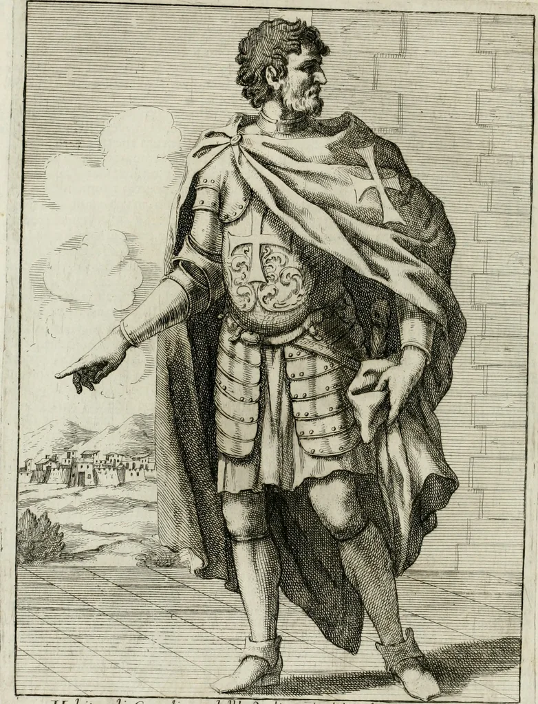 An illustration from Historie cronologiche dell' origine degl' ordini militari e di tutte le religione caualleresche infino ad hora instituite nel mondo : insegne, croci, stendardi, habiti capitolari ò di ceremonia, statuti, e constituzioni di cadaun'ordine : guerre campali e nauali, azioni, fatti celebri, & imprese de caualieri; confederazioni, trattati, paci, & auuenimenti per difesa del Nome Christiano, e propagazione della fede cattolica : serie di tutti i prencipi gran maestri, ordini di dame, e degl' infedeli &c. con le loro diuise, 1692, leaf 335