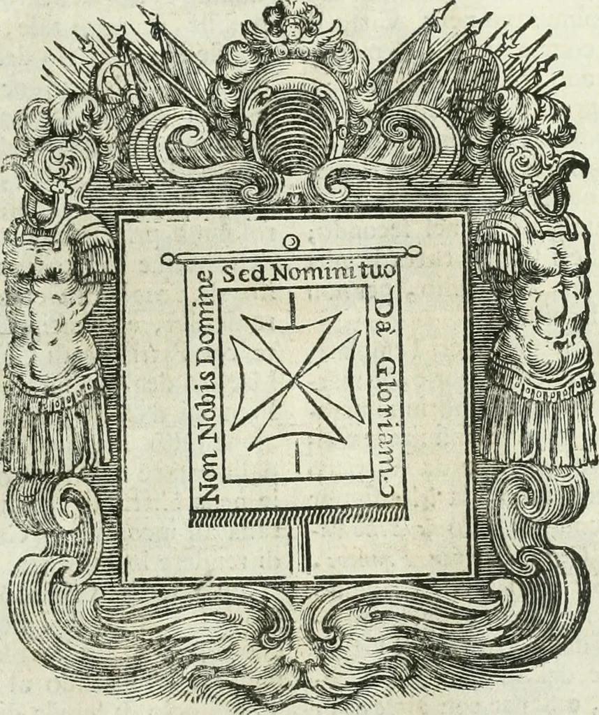 An illustration from Historie cronologiche dell' origine degl' ordini militari e di tutte le religione caualleresche infino ad hora instituite nel mondo : insegne, croci, stendardi, habiti capitolari ò di ceremonia, statuti, e constituzioni di cadaun'ordine : guerre campali e nauali, azioni, fatti celebri, & imprese de caualieri; confederazioni, trattati, paci, & auuenimenti per difesa del Nome Christiano, e propagazione della fede cattolica : serie di tutti i prencipi gran maestri, ordini di dame, e degl' infedeli &c. con le loro diuise, 1692, leaf 336