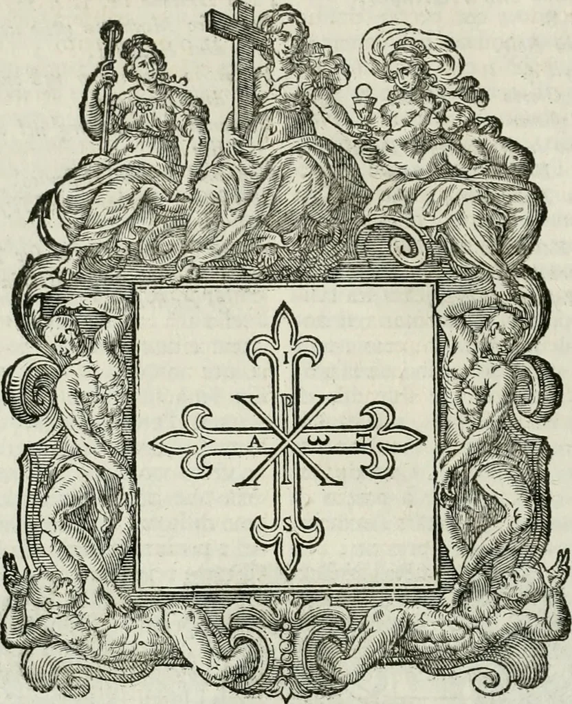 An illustration from Historie cronologiche dell' origine degl' ordini militari e di tutte le religione caualleresche infino ad hora instituite nel mondo : insegne, croci, stendardi, habiti capitolari ò di ceremonia, statuti, e constituzioni di cadaun'ordine : guerre campali e nauali, azioni, fatti celebri, & imprese de caualieri; confederazioni, trattati, paci, & auuenimenti per difesa del Nome Christiano, e propagazione della fede cattolica : serie di tutti i prencipi gran maestri, ordini di dame, e degl' infedeli &c. con le loro diuise, 1692, leaf 37