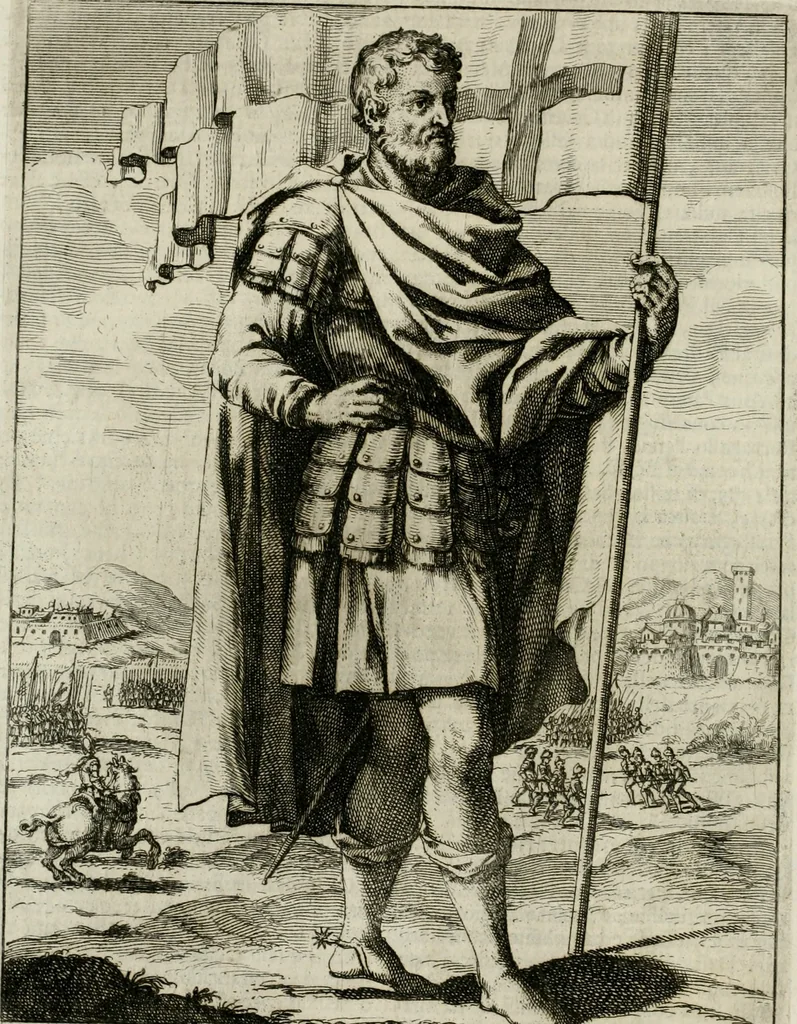 An illustration from Historie cronologiche dell' origine degl' ordini militari e di tutte le religione caualleresche infino ad hora instituite nel mondo : insegne, croci, stendardi, habiti capitolari ò di ceremonia, statuti, e constituzioni di cadaun'ordine : guerre campali e nauali, azioni, fatti celebri, & imprese de caualieri; confederazioni, trattati, paci, & auuenimenti per difesa del Nome Christiano, e propagazione della fede cattolica : serie di tutti i prencipi gran maestri, ordini di dame, e degl' infedeli &c. con le loro diuise, 1692, leaf 373