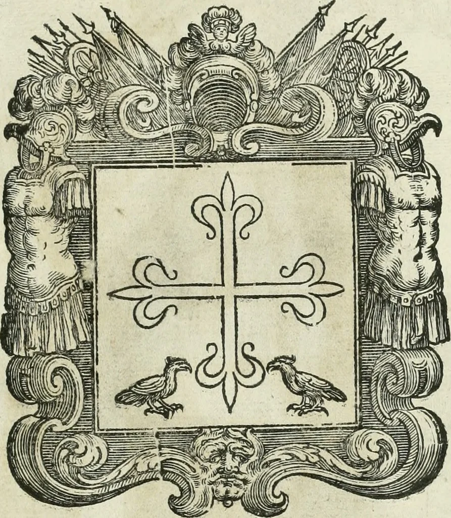 An illustration from Historie cronologiche dell' origine degl' ordini militari e di tutte le religione caualleresche infino ad hora instituite nel mondo : insegne, croci, stendardi, habiti capitolari ò di ceremonia, statuti, e constituzioni di cadaun'ordine : guerre campali e nauali, azioni, fatti celebri, & imprese de caualieri; confederazioni, trattati, paci, & auuenimenti per difesa del Nome Christiano, e propagazione della fede cattolica : serie di tutti i prencipi gran maestri, ordini di dame, e degl' infedeli &c. con le loro diuise, 1692, leaf 374