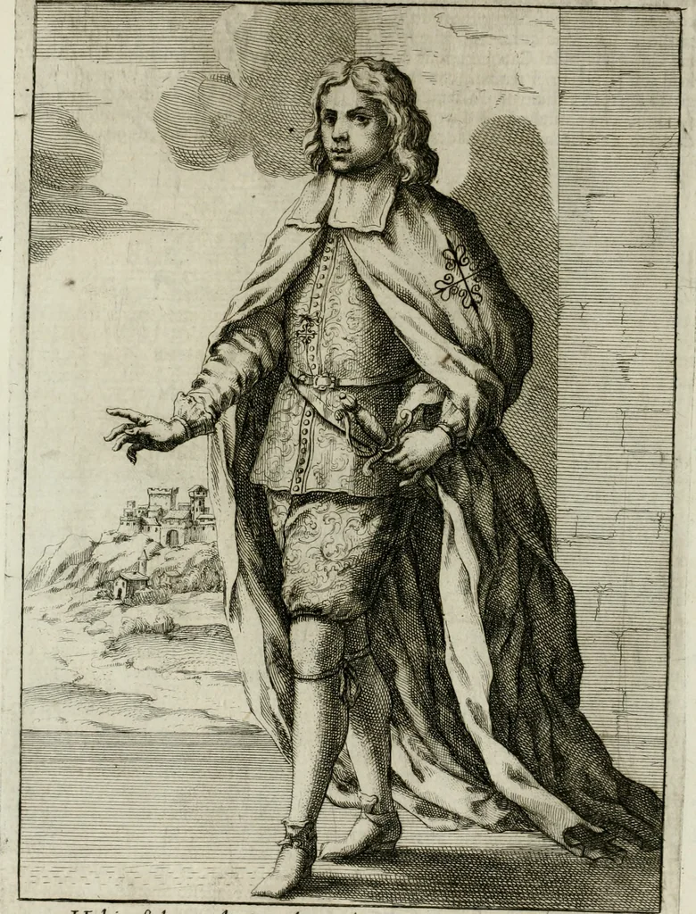 An illustration from Historie cronologiche dell' origine degl' ordini militari e di tutte le religione caualleresche infino ad hora instituite nel mondo : insegne, croci, stendardi, habiti capitolari ò di ceremonia, statuti, e constituzioni di cadaun'ordine : guerre campali e nauali, azioni, fatti celebri, & imprese de caualieri; confederazioni, trattati, paci, & auuenimenti per difesa del Nome Christiano, e propagazione della fede cattolica : serie di tutti i prencipi gran maestri, ordini di dame, e degl' infedeli &c. con le loro diuise, 1692, leaf 375