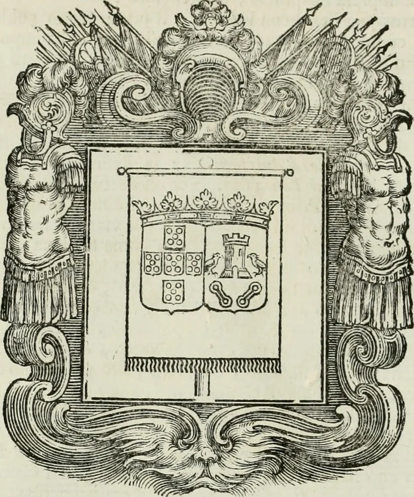 An illustration from Historie cronologiche dell' origine degl' ordini militari e di tutte le religione caualleresche infino ad hora instituite nel mondo : insegne, croci, stendardi, habiti capitolari ò di ceremonia, statuti, e constituzioni di cadaun'ordine : guerre campali e nauali, azioni, fatti celebri, & imprese de caualieri; confederazioni, trattati, paci, & auuenimenti per difesa del Nome Christiano, e propagazione della fede cattolica : serie di tutti i prencipi gran maestri, ordini di dame, e degl' infedeli &c. con le loro diuise, 1692, leaf 377