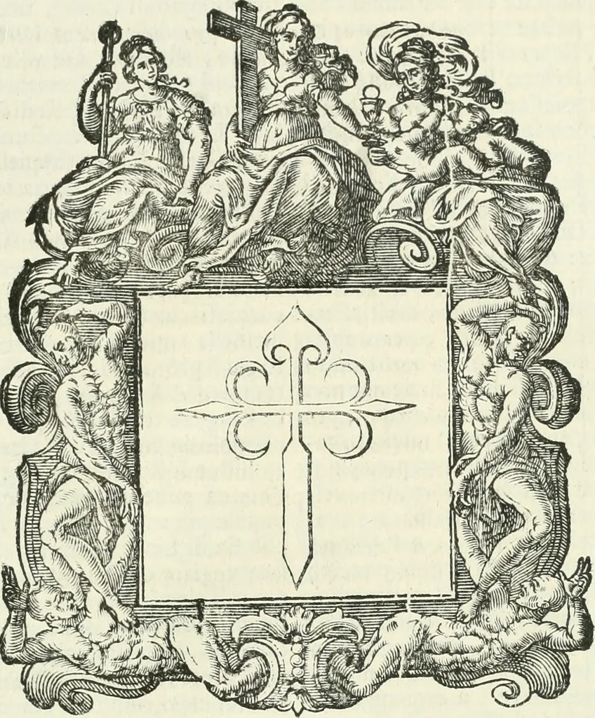 An illustration from Historie cronologiche dell' origine degl' ordini militari e di tutte le religione caualleresche infino ad hora instituite nel mondo : insegne, croci, stendardi, habiti capitolari ò di ceremonia, statuti, e constituzioni di cadaun'ordine : guerre campali e nauali, azioni, fatti celebri, & imprese de caualieri; confederazioni, trattati, paci, & auuenimenti per difesa del Nome Christiano, e propagazione della fede cattolica : serie di tutti i prencipi gran maestri, ordini di dame, e degl' infedeli &c. con le loro diuise, 1692, leaf 380