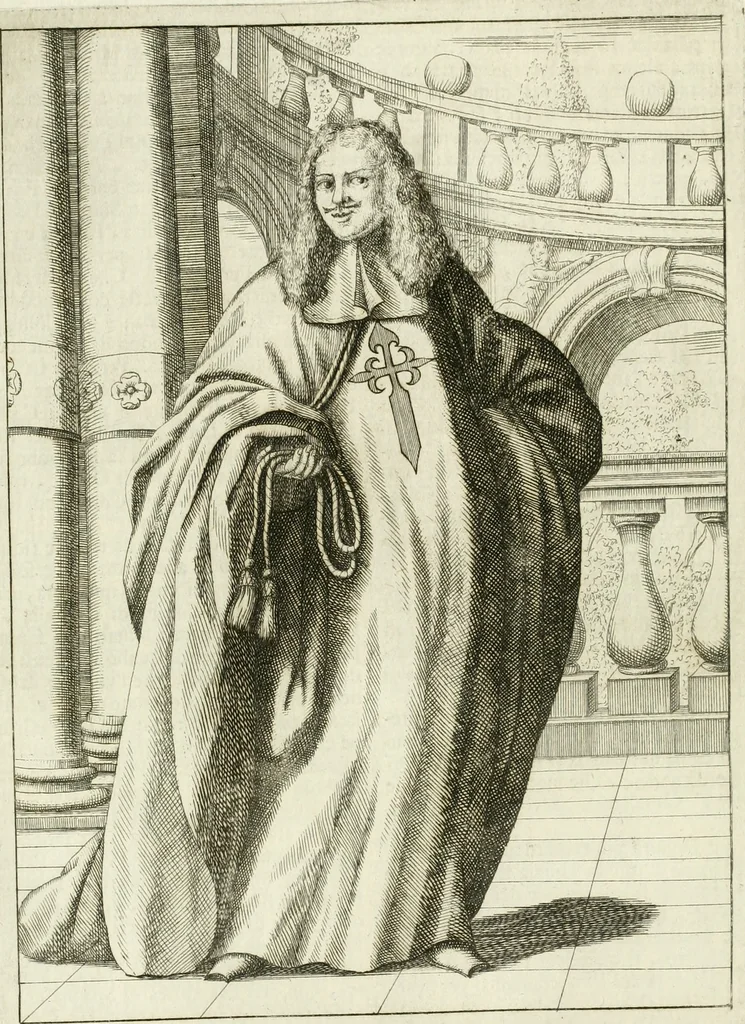 An illustration from Historie cronologiche dell' origine degl' ordini militari e di tutte le religione caualleresche infino ad hora instituite nel mondo : insegne, croci, stendardi, habiti capitolari ò di ceremonia, statuti, e constituzioni di cadaun'ordine : guerre campali e nauali, azioni, fatti celebri, & imprese de caualieri; confederazioni, trattati, paci, & auuenimenti per difesa del Nome Christiano, e propagazione della fede cattolica : serie di tutti i prencipi gran maestri, ordini di dame, e degl' infedeli &c. con le loro diuise, 1692, leaf 384