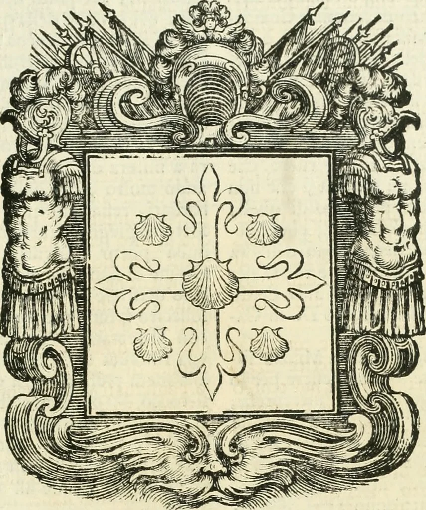 An illustration from Historie cronologiche dell' origine degl' ordini militari e di tutte le religione caualleresche infino ad hora instituite nel mondo : insegne, croci, stendardi, habiti capitolari ò di ceremonia, statuti, e constituzioni di cadaun'ordine : guerre campali e nauali, azioni, fatti celebri, & imprese de caualieri; confederazioni, trattati, paci, & auuenimenti per difesa del Nome Christiano, e propagazione della fede cattolica : serie di tutti i prencipi gran maestri, ordini di dame, e degl' infedeli &c. con le loro diuise, 1692, leaf 388