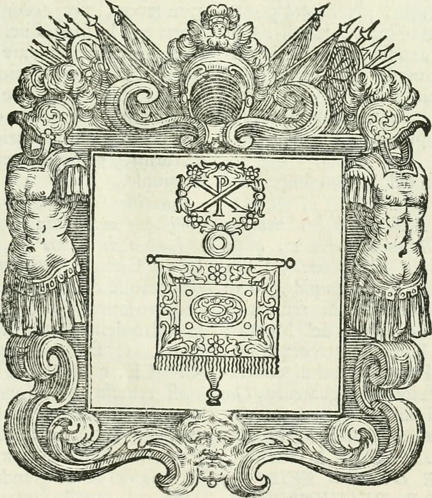 An illustration from Historie cronologiche dell' origine degl' ordini militari e di tutte le religione caualleresche infino ad hora instituite nel mondo : insegne, croci, stendardi, habiti capitolari ò di ceremonia, statuti, e constituzioni di cadaun'ordine : guerre campali e nauali, azioni, fatti celebri, & imprese de caualieri; confederazioni, trattati, paci, & auuenimenti per difesa del Nome Christiano, e propagazione della fede cattolica : serie di tutti i prencipi gran maestri, ordini di dame, e degl' infedeli &c. con le loro diuise, 1692, leaf 40