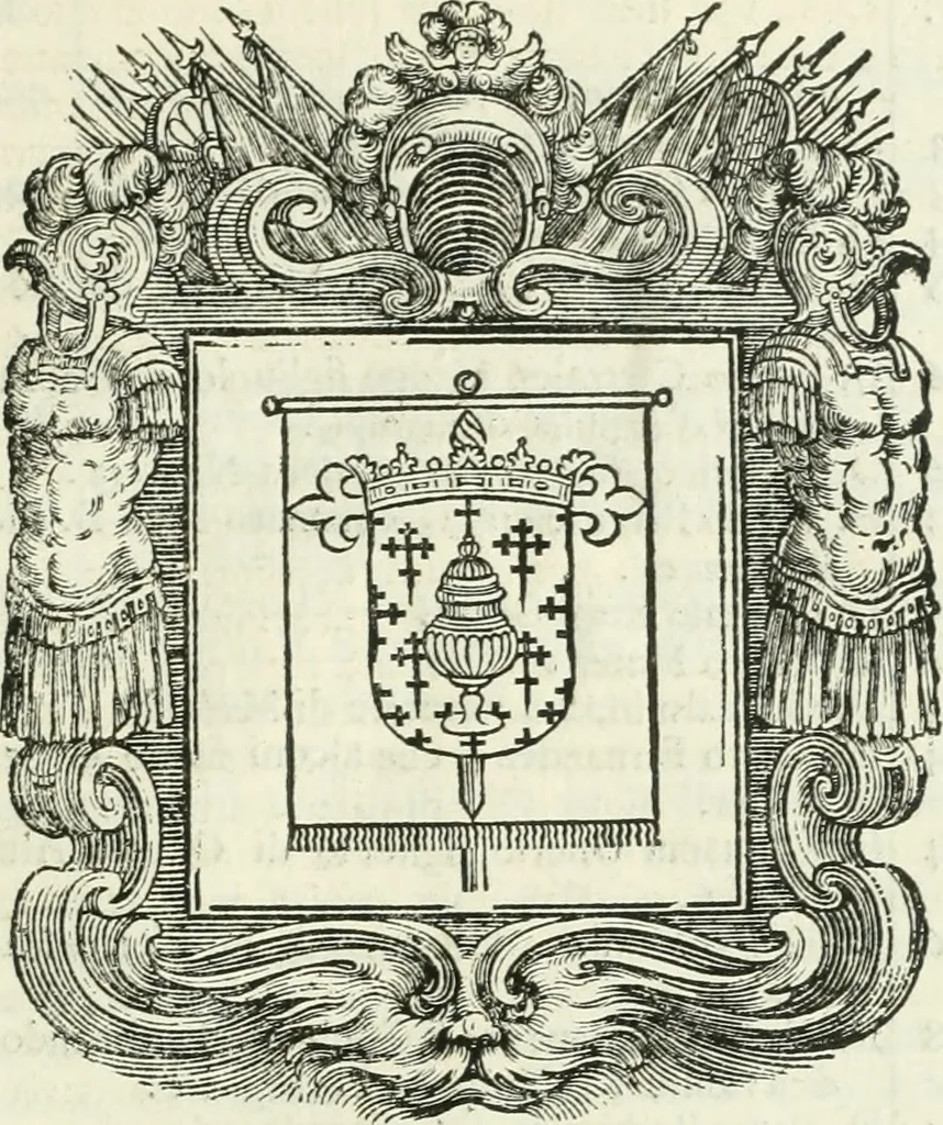 An illustration from Historie cronologiche dell' origine degl' ordini militari e di tutte le religione caualleresche infino ad hora instituite nel mondo : insegne, croci, stendardi, habiti capitolari ò di ceremonia, statuti, e constituzioni di cadaun'ordine : guerre campali e nauali, azioni, fatti celebri, & imprese de caualieri; confederazioni, trattati, paci, & auuenimenti per difesa del Nome Christiano, e propagazione della fede cattolica : serie di tutti i prencipi gran maestri, ordini di dame, e degl' infedeli &c. con le loro diuise, 1692, leaf 412