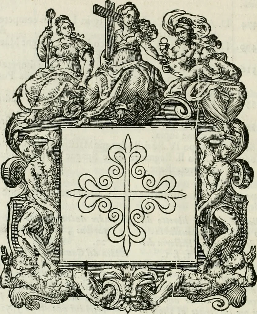 An illustration from Historie cronologiche dell' origine degl' ordini militari e di tutte le religione caualleresche infino ad hora instituite nel mondo : insegne, croci, stendardi, habiti capitolari ò di ceremonia, statuti, e constituzioni di cadaun'ordine : guerre campali e nauali, azioni, fatti celebri, & imprese de caualieri; confederazioni, trattati, paci, & auuenimenti per difesa del Nome Christiano, e propagazione della fede cattolica : serie di tutti i prencipi gran maestri, ordini di dame, e degl' infedeli &c. con le loro diuise, 1692, leaf 415