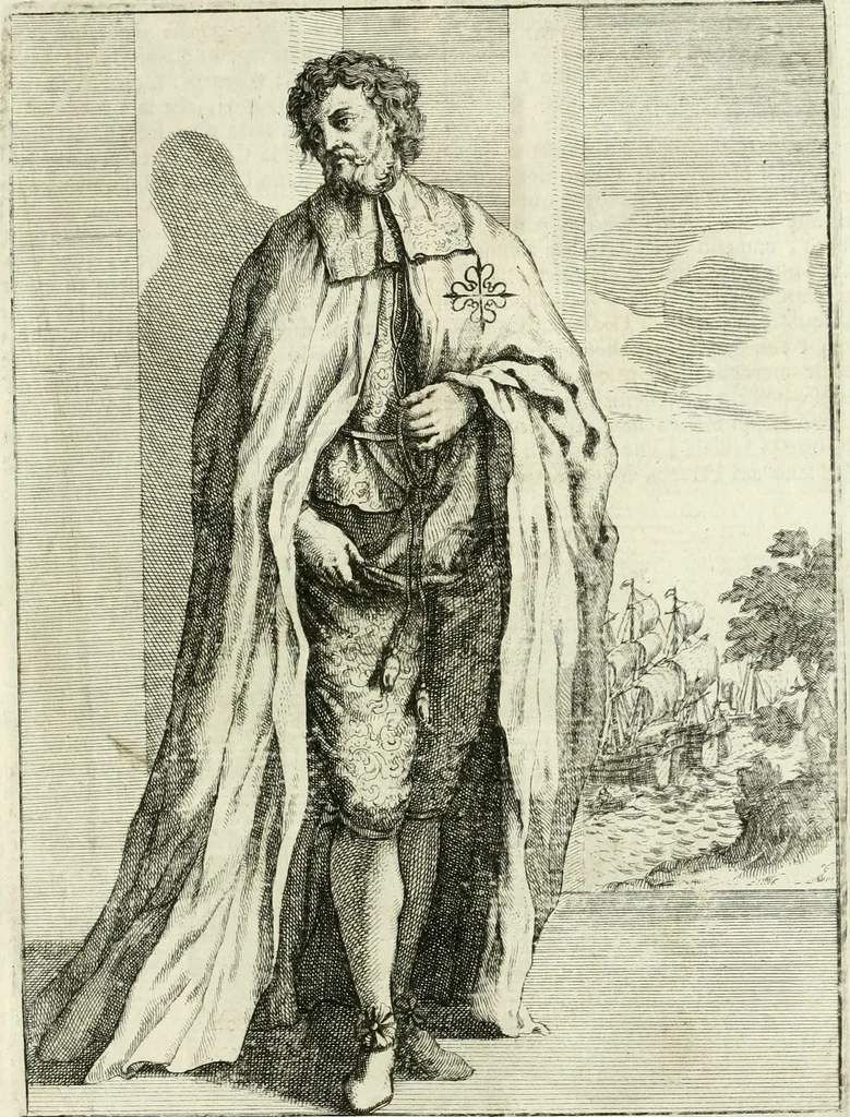 An illustration from Historie cronologiche dell' origine degl' ordini militari e di tutte le religione caualleresche infino ad hora instituite nel mondo : insegne, croci, stendardi, habiti capitolari ò di ceremonia, statuti, e constituzioni di cadaun'ordine : guerre campali e nauali, azioni, fatti celebri, & imprese de caualieri; confederazioni, trattati, paci, & auuenimenti per difesa del Nome Christiano, e propagazione della fede cattolica : serie di tutti i prencipi gran maestri, ordini di dame, e degl' infedeli &c. con le loro diuise, 1692, leaf 418