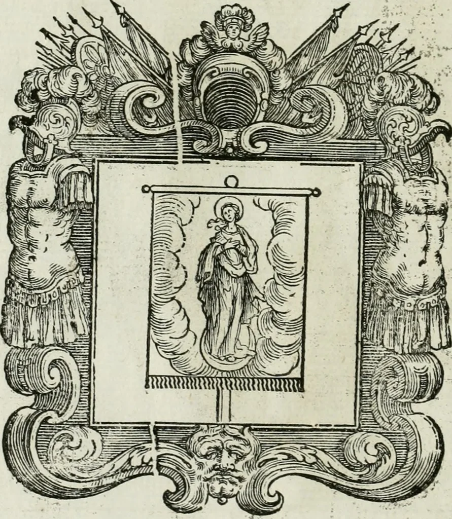 An illustration from Historie cronologiche dell' origine degl' ordini militari e di tutte le religione caualleresche infino ad hora instituite nel mondo : insegne, croci, stendardi, habiti capitolari ò di ceremonia, statuti, e constituzioni di cadaun'ordine : guerre campali e nauali, azioni, fatti celebri, & imprese de caualieri; confederazioni, trattati, paci, & auuenimenti per difesa del Nome Christiano, e propagazione della fede cattolica : serie di tutti i prencipi gran maestri, ordini di dame, e degl' infedeli &c. con le loro diuise, 1692, leaf 419