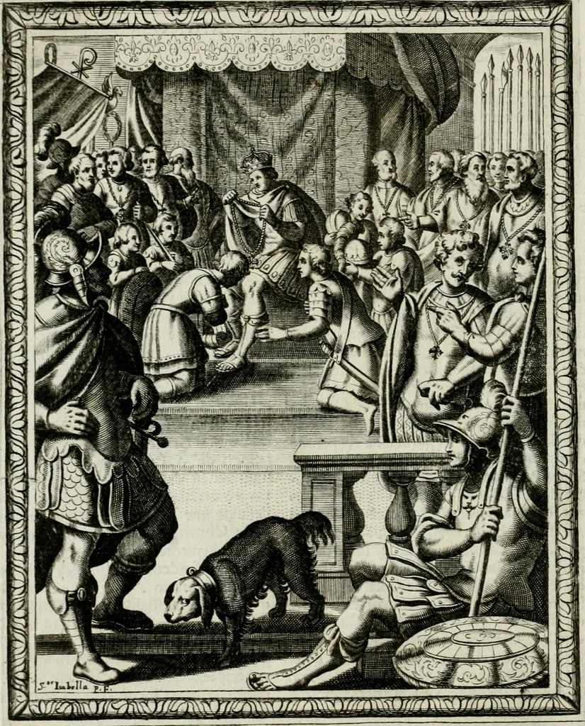 An illustration from Historie cronologiche dell' origine degl' ordini militari e di tutte le religione caualleresche infino ad hora instituite nel mondo : insegne, croci, stendardi, habiti capitolari ò di ceremonia, statuti, e constituzioni di cadaun'ordine : guerre campali e nauali, azioni, fatti celebri, & imprese de caualieri; confederazioni, trattati, paci, & auuenimenti per difesa del Nome Christiano, e propagazione della fede cattolica : serie di tutti i prencipi gran maestri, ordini di dame, e degl' infedeli &c. con le loro diuise, 1692, leaf 43