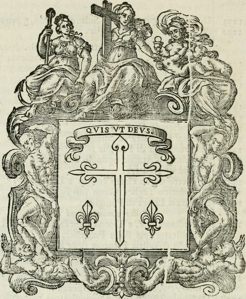 An illustration from Historie cronologiche dell' origine degl' ordini militari e di tutte le religione caualleresche infino ad hora instituite nel mondo : insegne, croci, stendardi, habiti capitolari ò di ceremonia, statuti, e constituzioni di cadaun'ordine : guerre campali e nauali, azioni, fatti celebri, & imprese de caualieri; confederazioni, trattati, paci, & auuenimenti per difesa del Nome Christiano, e propagazione della fede cattolica : serie di tutti i prencipi gran maestri, ordini di dame, e degl' infedeli &c. con le loro diuise, 1692, leaf 453