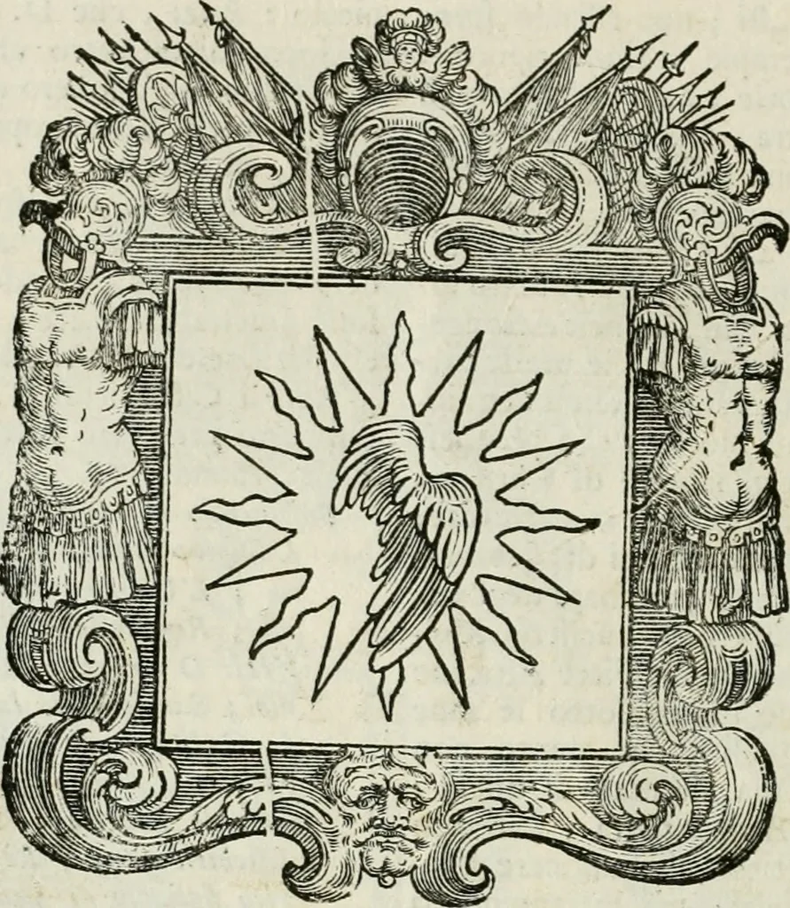 An illustration from Historie cronologiche dell' origine degl' ordini militari e di tutte le religione caualleresche infino ad hora instituite nel mondo : insegne, croci, stendardi, habiti capitolari ò di ceremonia, statuti, e constituzioni di cadaun'ordine : guerre campali e nauali, azioni, fatti celebri, & imprese de caualieri; confederazioni, trattati, paci, & auuenimenti per difesa del Nome Christiano, e propagazione della fede cattolica : serie di tutti i prencipi gran maestri, ordini di dame, e degl' infedeli &c. con le loro diuise, 1692, leaf 455