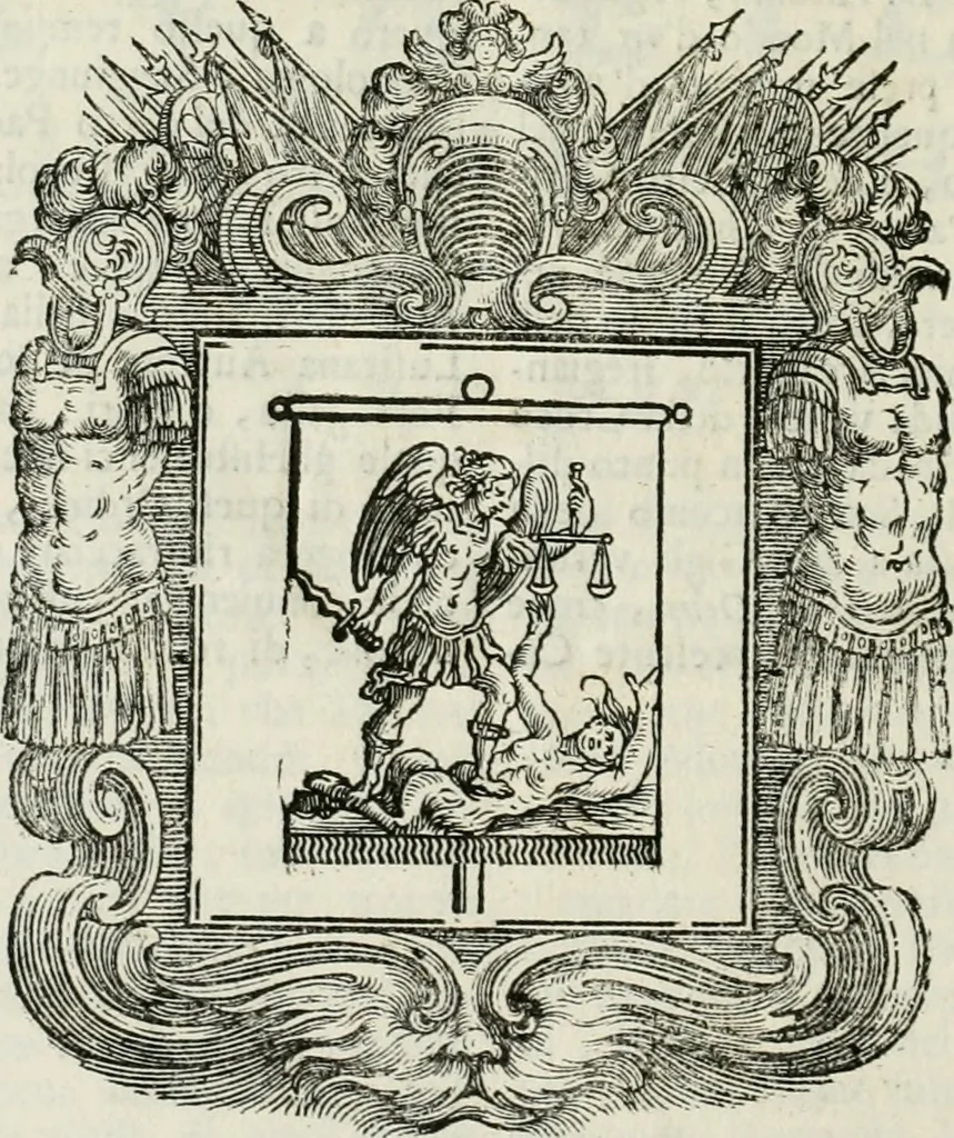 An illustration from Historie cronologiche dell' origine degl' ordini militari e di tutte le religione caualleresche infino ad hora instituite nel mondo : insegne, croci, stendardi, habiti capitolari ò di ceremonia, statuti, e constituzioni di cadaun'ordine : guerre campali e nauali, azioni, fatti celebri, & imprese de caualieri; confederazioni, trattati, paci, & auuenimenti per difesa del Nome Christiano, e propagazione della fede cattolica : serie di tutti i prencipi gran maestri, ordini di dame, e degl' infedeli &c. con le loro diuise, 1692, leaf 455