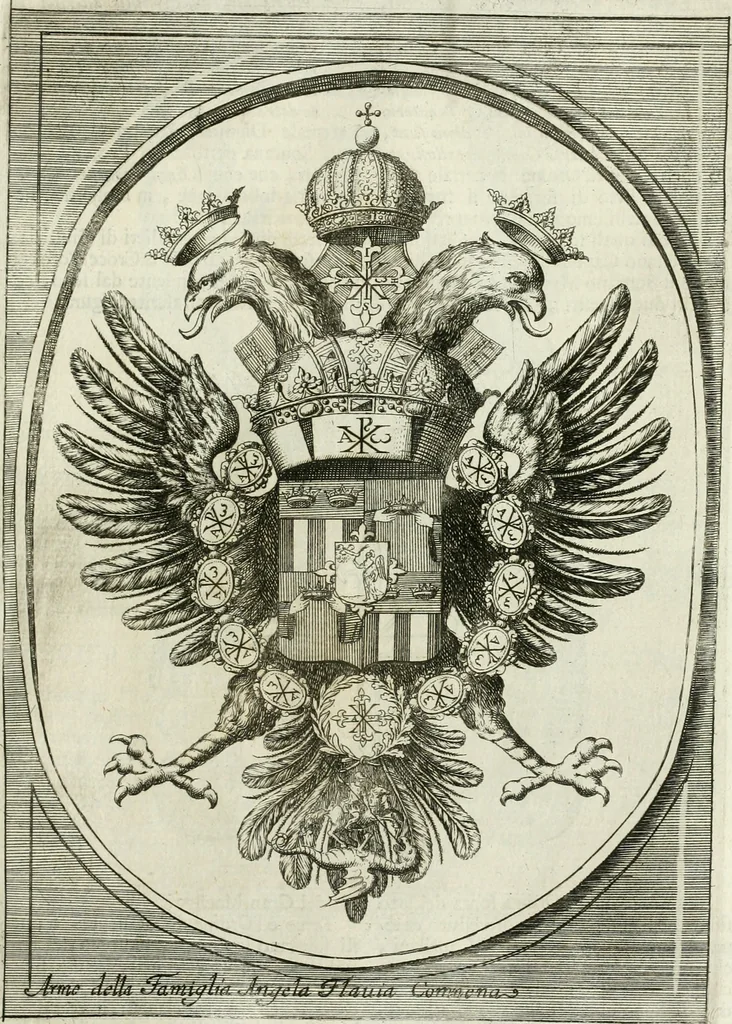 An illustration from Historie cronologiche dell' origine degl' ordini militari e di tutte le religione caualleresche infino ad hora instituite nel mondo : insegne, croci, stendardi, habiti capitolari ò di ceremonia, statuti, e constituzioni di cadaun'ordine : guerre campali e nauali, azioni, fatti celebri, & imprese de caualieri; confederazioni, trattati, paci, & auuenimenti per difesa del Nome Christiano, e propagazione della fede cattolica : serie di tutti i prencipi gran maestri, ordini di dame, e degl' infedeli &c. con le loro diuise, 1692, leaf 46