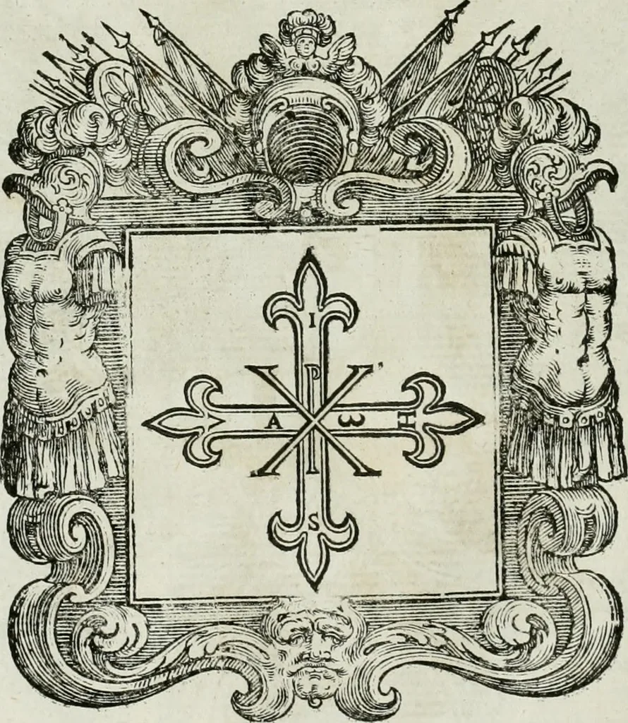 An illustration from Historie cronologiche dell' origine degl' ordini militari e di tutte le religione caualleresche infino ad hora instituite nel mondo : insegne, croci, stendardi, habiti capitolari ò di ceremonia, statuti, e constituzioni di cadaun'ordine : guerre campali e nauali, azioni, fatti celebri, & imprese de caualieri; confederazioni, trattati, paci, & auuenimenti per difesa del Nome Christiano, e propagazione della fede cattolica : serie di tutti i prencipi gran maestri, ordini di dame, e degl' infedeli &c. con le loro diuise, 1692, leaf 47