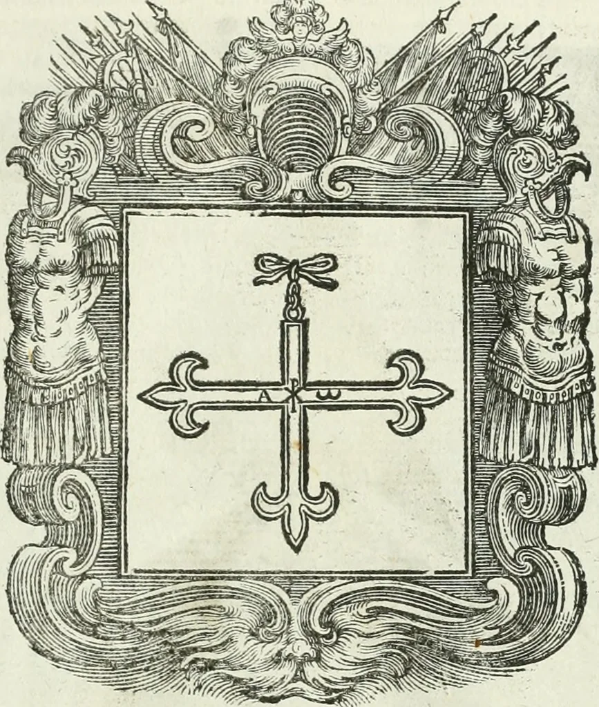 An illustration from Historie cronologiche dell' origine degl' ordini militari e di tutte le religione caualleresche infino ad hora instituite nel mondo : insegne, croci, stendardi, habiti capitolari ò di ceremonia, statuti, e constituzioni di cadaun'ordine : guerre campali e nauali, azioni, fatti celebri, & imprese de caualieri; confederazioni, trattati, paci, & auuenimenti per difesa del Nome Christiano, e propagazione della fede cattolica : serie di tutti i prencipi gran maestri, ordini di dame, e degl' infedeli &c. con le loro diuise, 1692, leaf 48